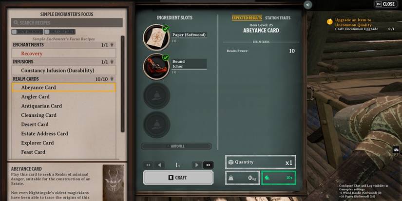 Nightingale: How To Craft Abeyance Card