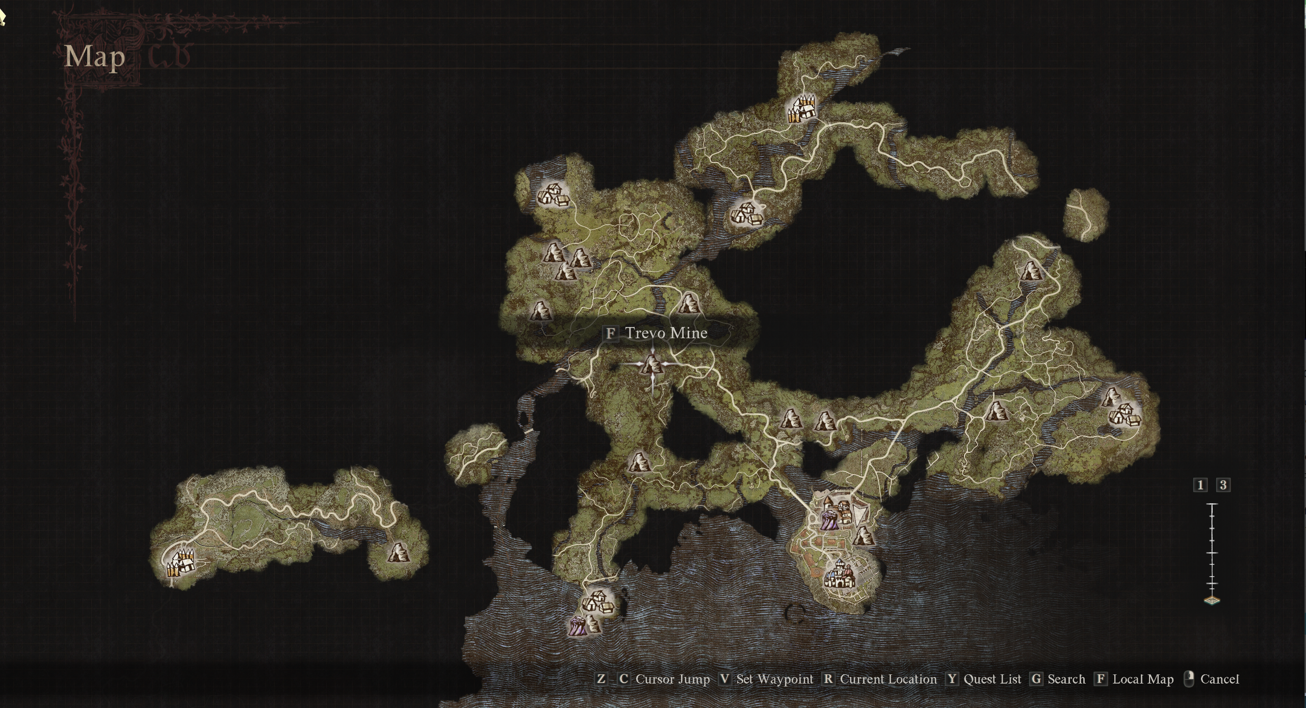 Screnshot of the map from Dragon's Dogma 2 centered on Trevo Mine