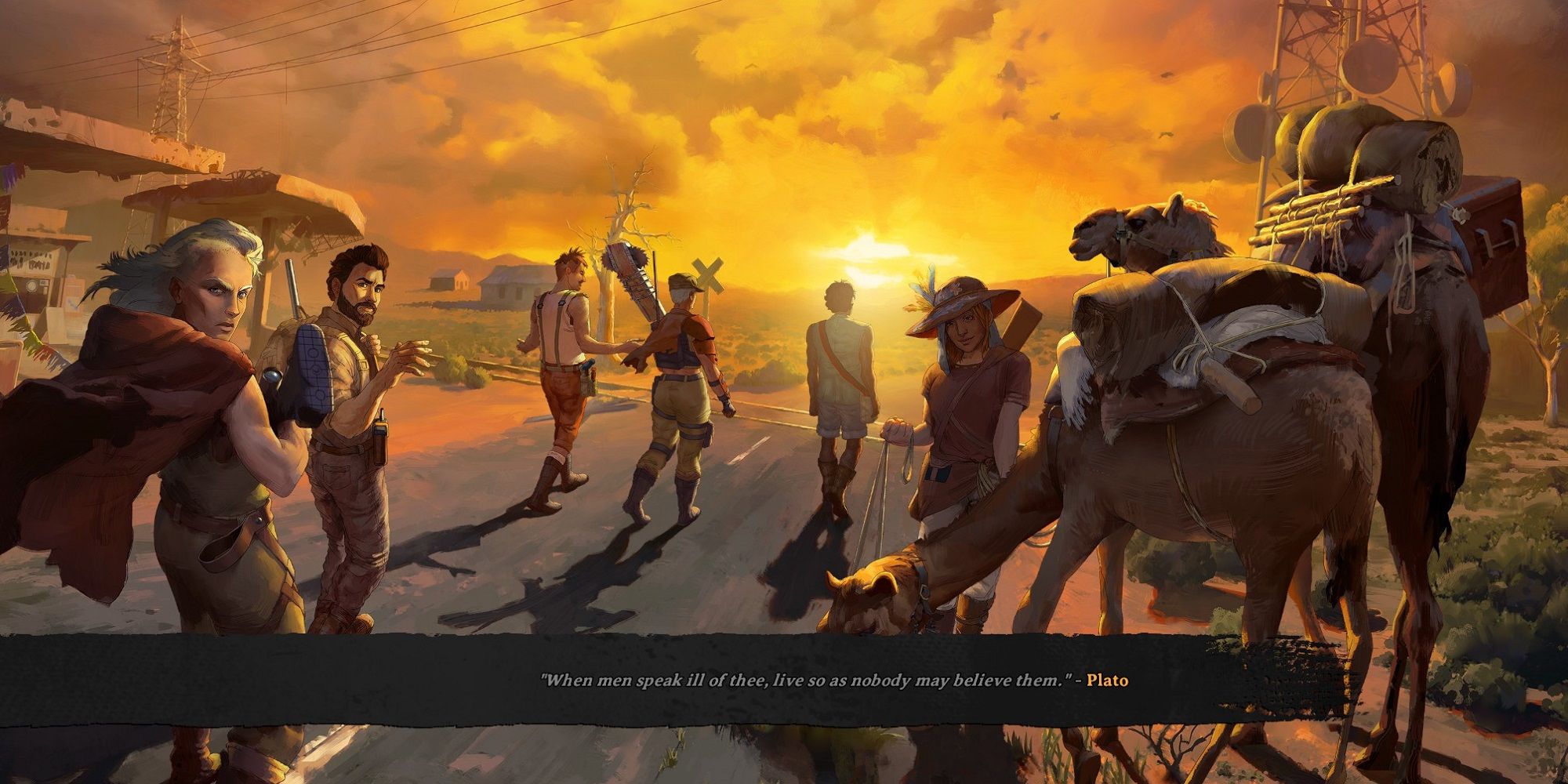 Broken Roads loading screen art featuring characters who make up your party walking on a road with camels