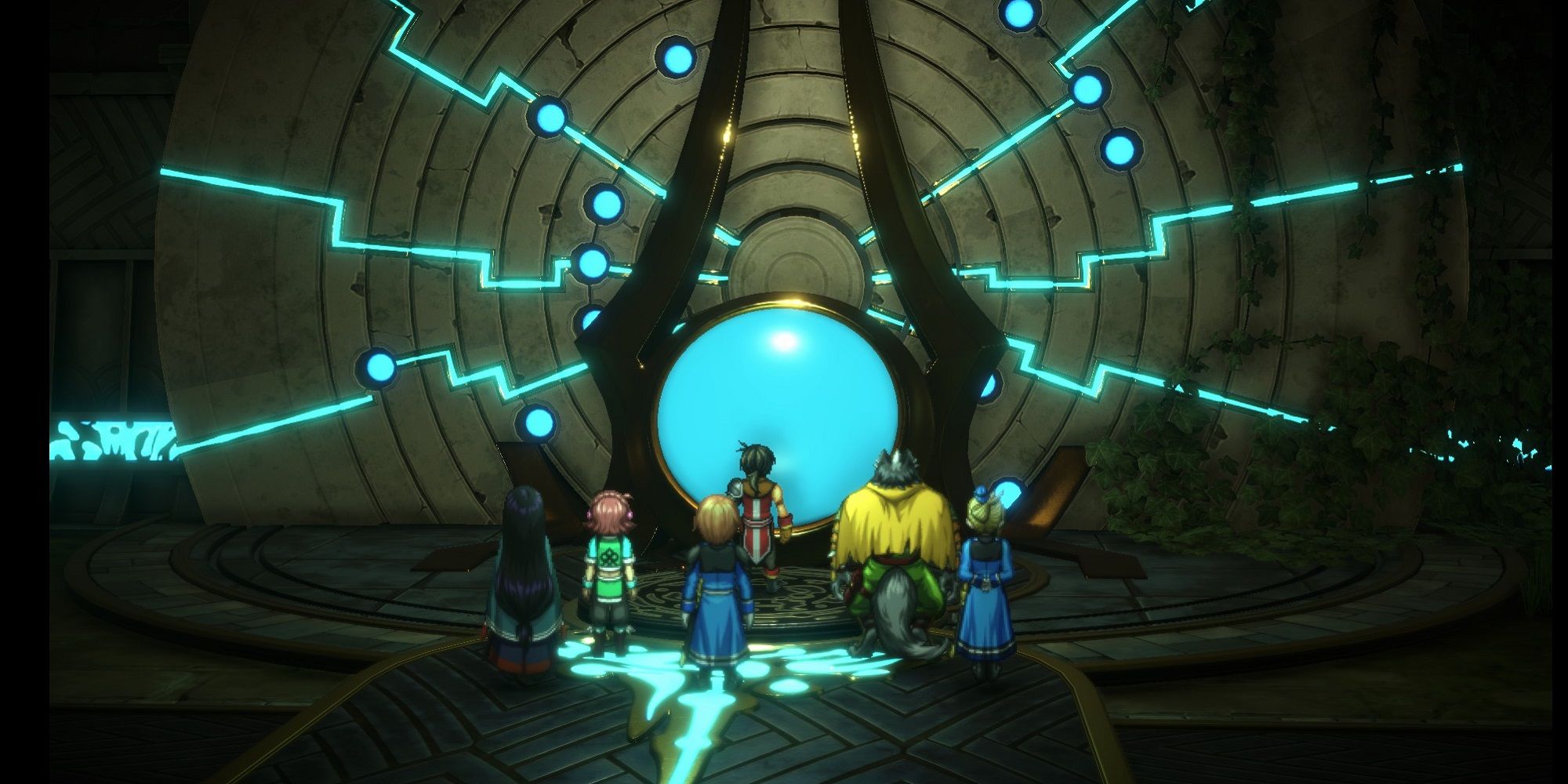 Eiyuden Chronicle Hundred Heroes characters standing in a runebarrow as the device lights up