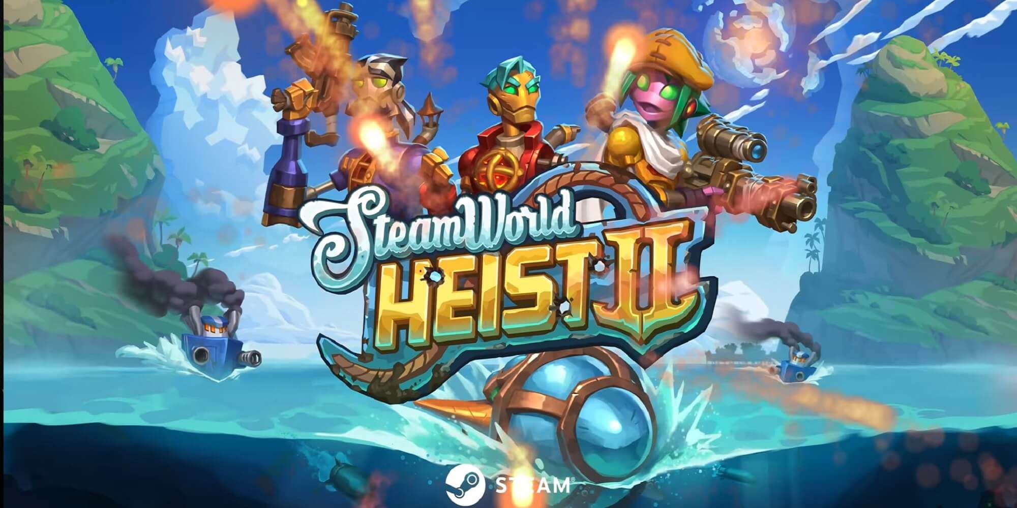 Steamworld Heist 2 image showing three characters above the logo that is riding on a missile sailing across the sea