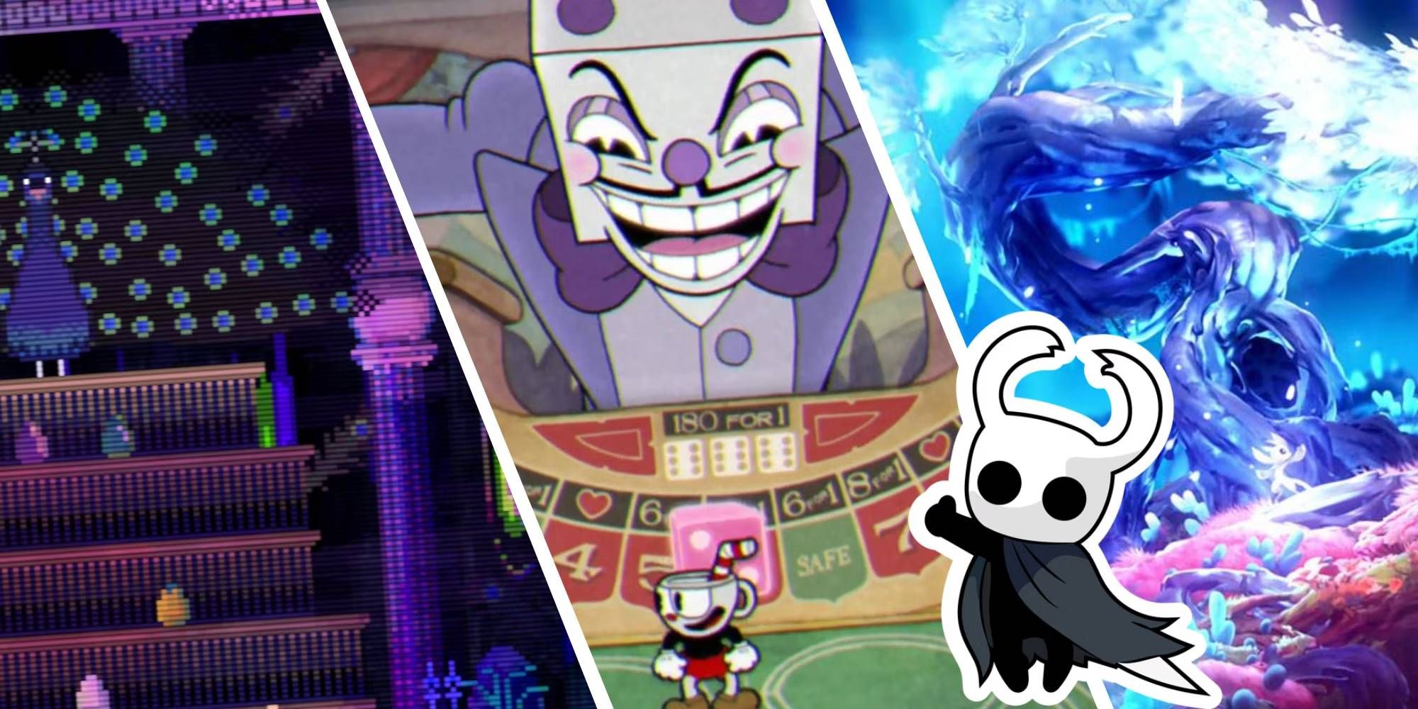 Three panel split image of Animal Well, Cuphead, and Ori and the Blind Forest gameplay with a little Knight from Hollow Knight giving us the thumbs up in the center