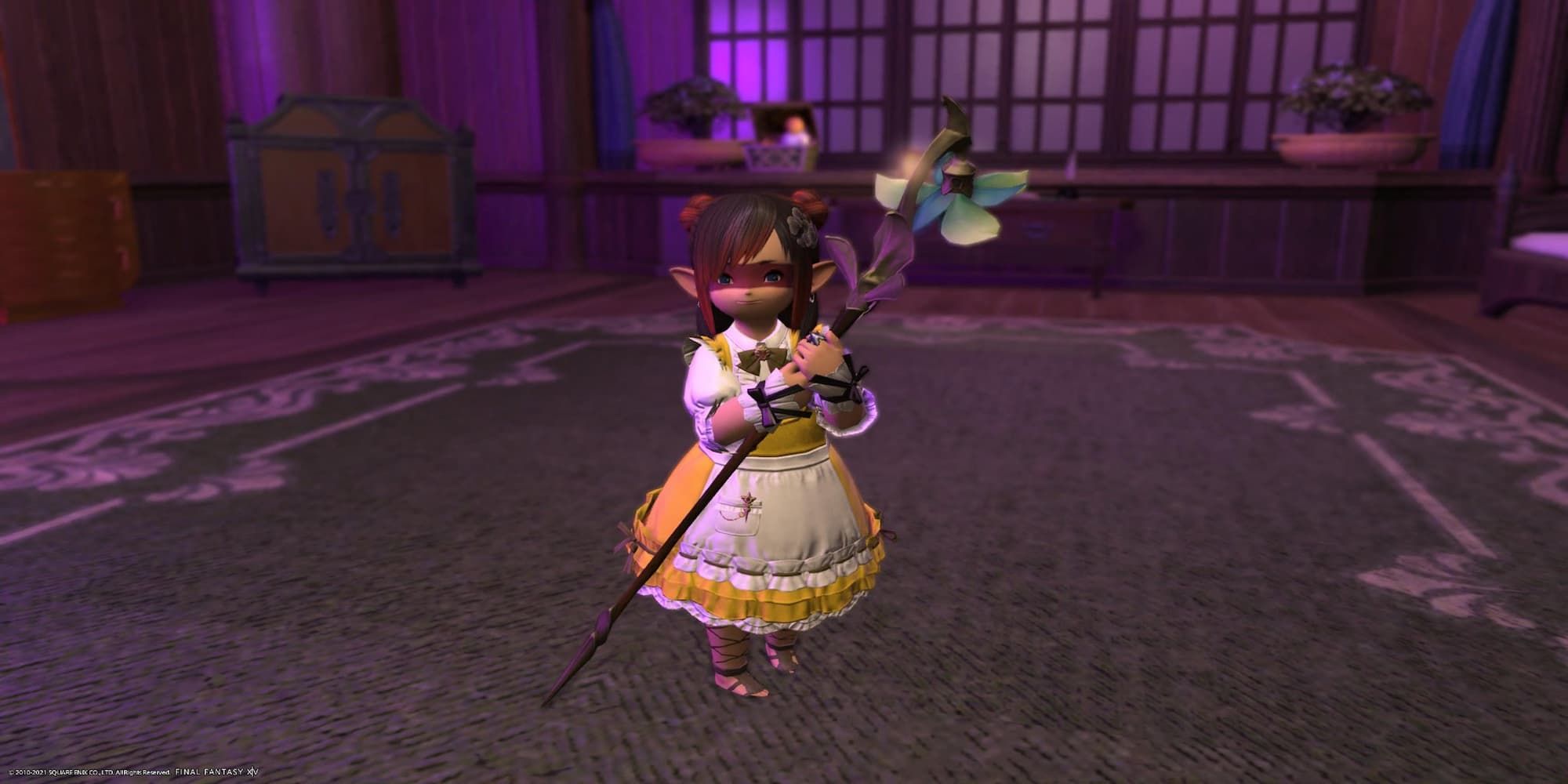 Final Fantasy XIV Lalafell Girl Wearing Yellow Dress with White Mage Weapon