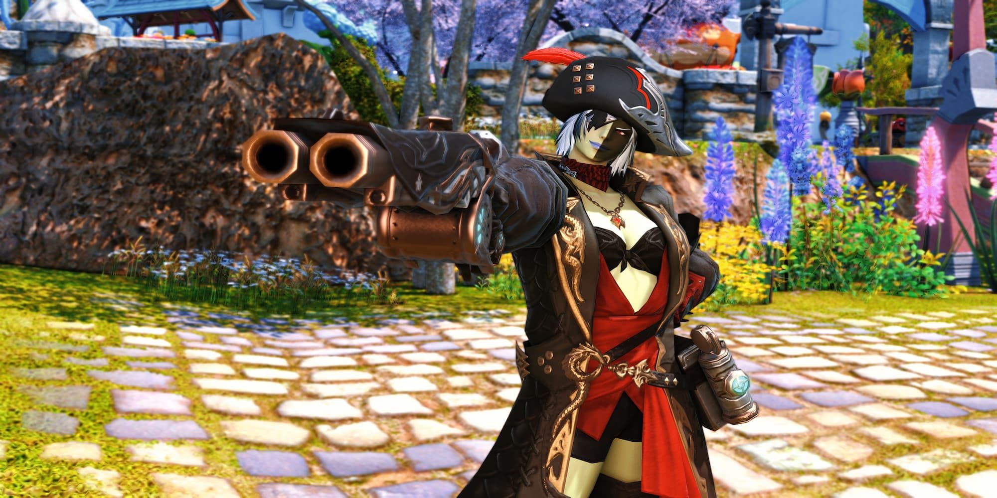 Final Fantasy XIV Roegedan wearing Pirate Uniform wielding a Machinist Weapon