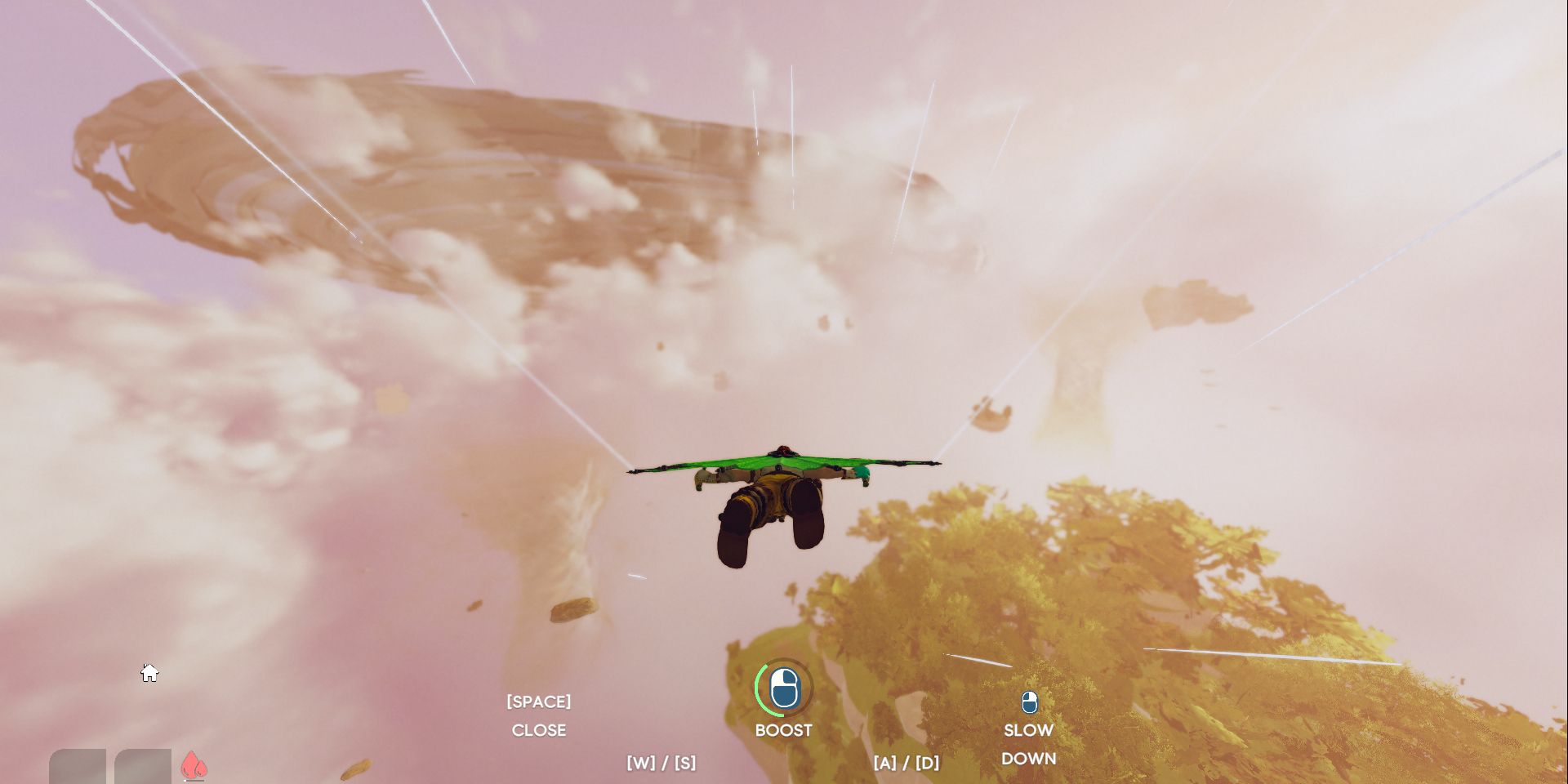 Screenshot of the Aloft Next Fest Demo, featuring a customizable character soaring through the sky on a glider.