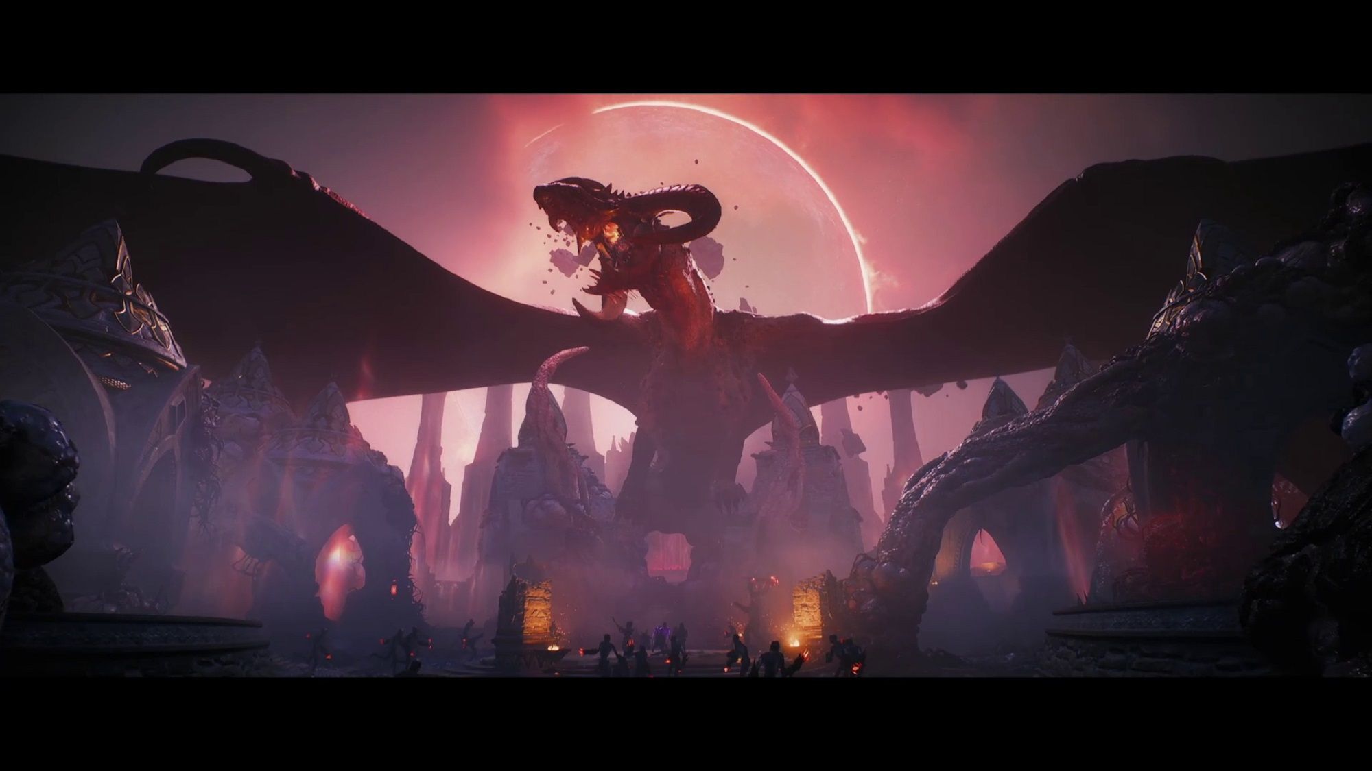 Dragon Age the Veilguard Dragon roaring enormously ahead of the much smaller cast of characters