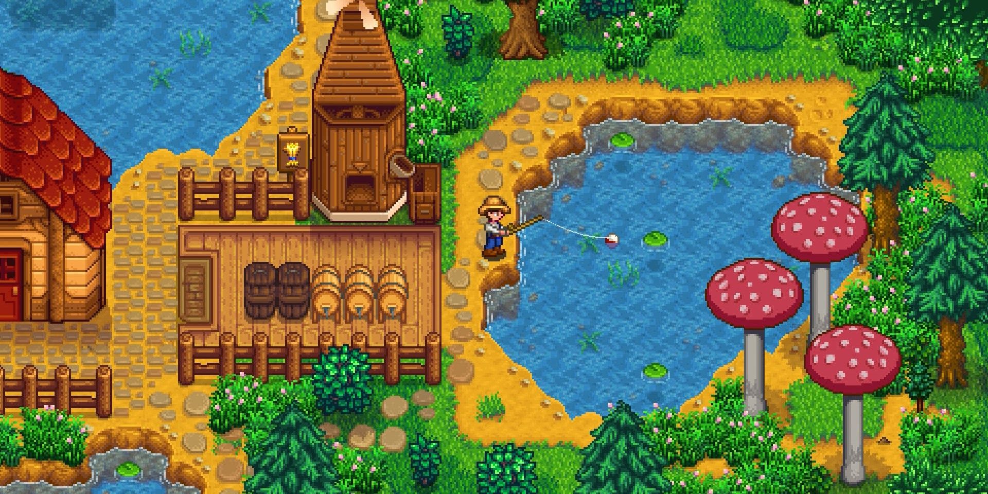 Stardew Valley Farmer Fishing at a Pond on the Farm