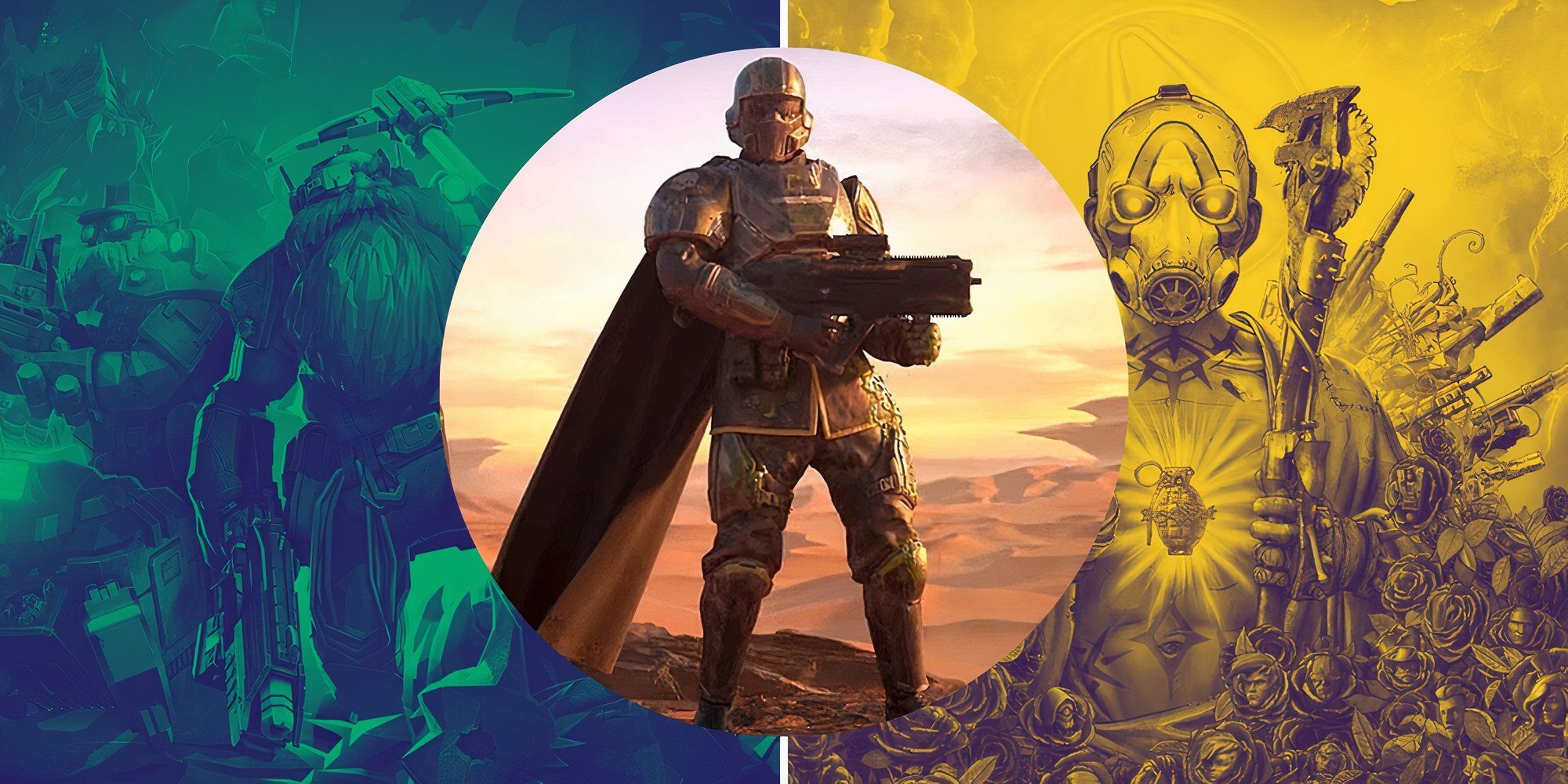 Split image with a green-toned close up of the Deep Rock Galactic cover and a yellow-toned Borderlands 3 cover with a Helldiver from Helldivers 2 posing in the center