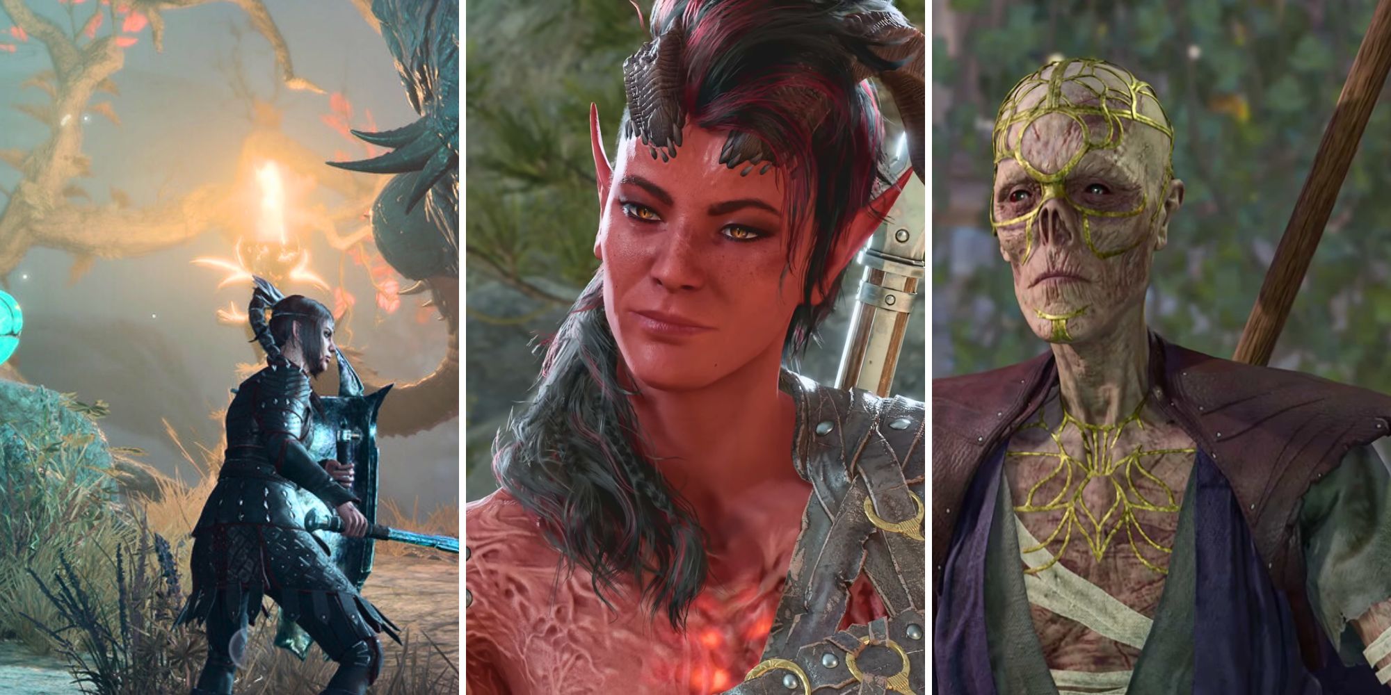 Character collage in BG3 with Shadowheart, Karlach, and Withers