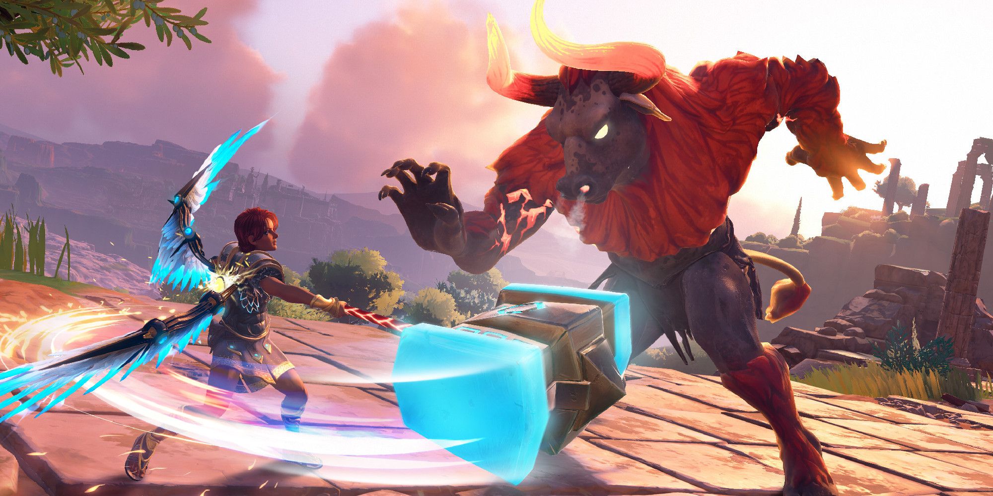Screenshot of Immortals Fenyx Rising taken from the Steam Store Page, featuring Fenyx using a hammer against a Minotaur