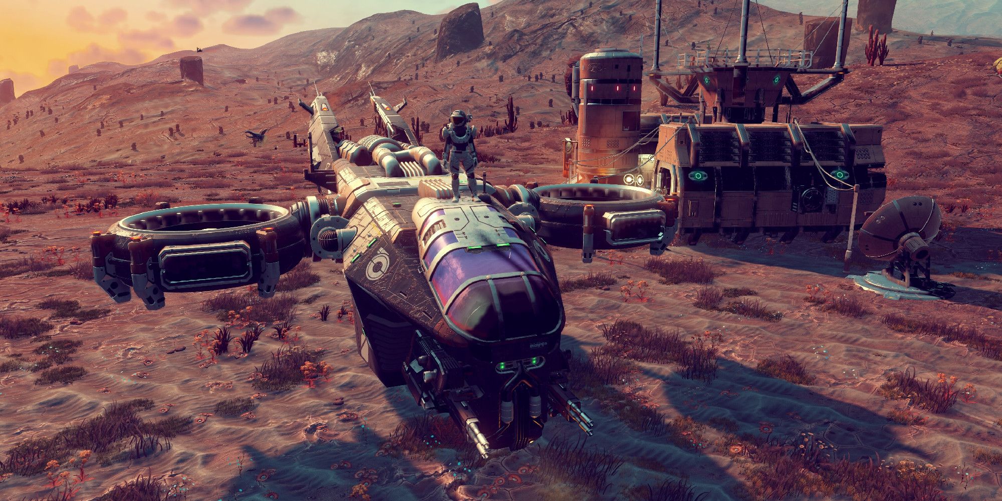 Image from the No Man's Sky Steam Store Page, featuring the custom character standing atop a hovercraft near their base.