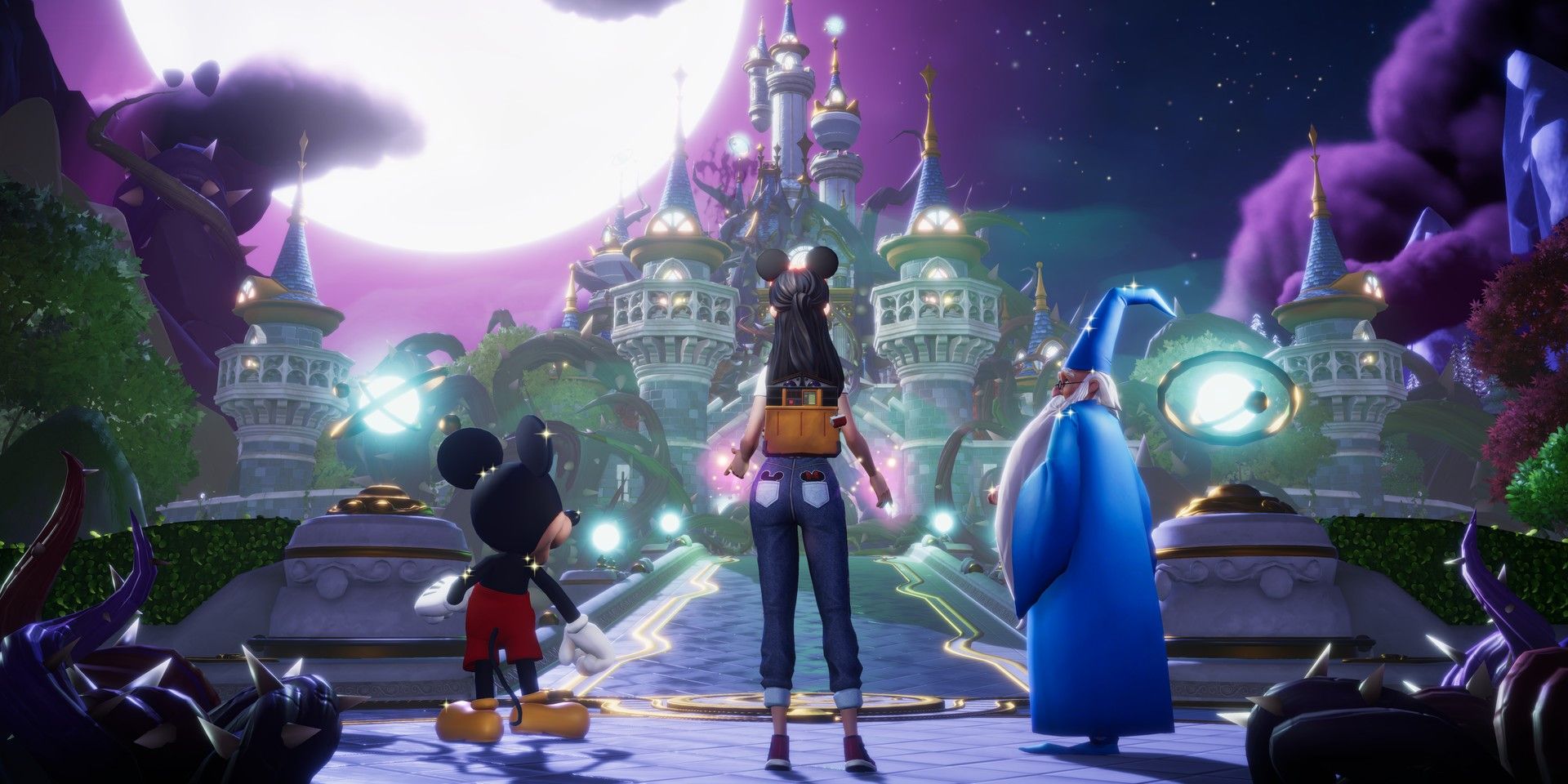 Player stands with Mickey and Merlin in front of Castle