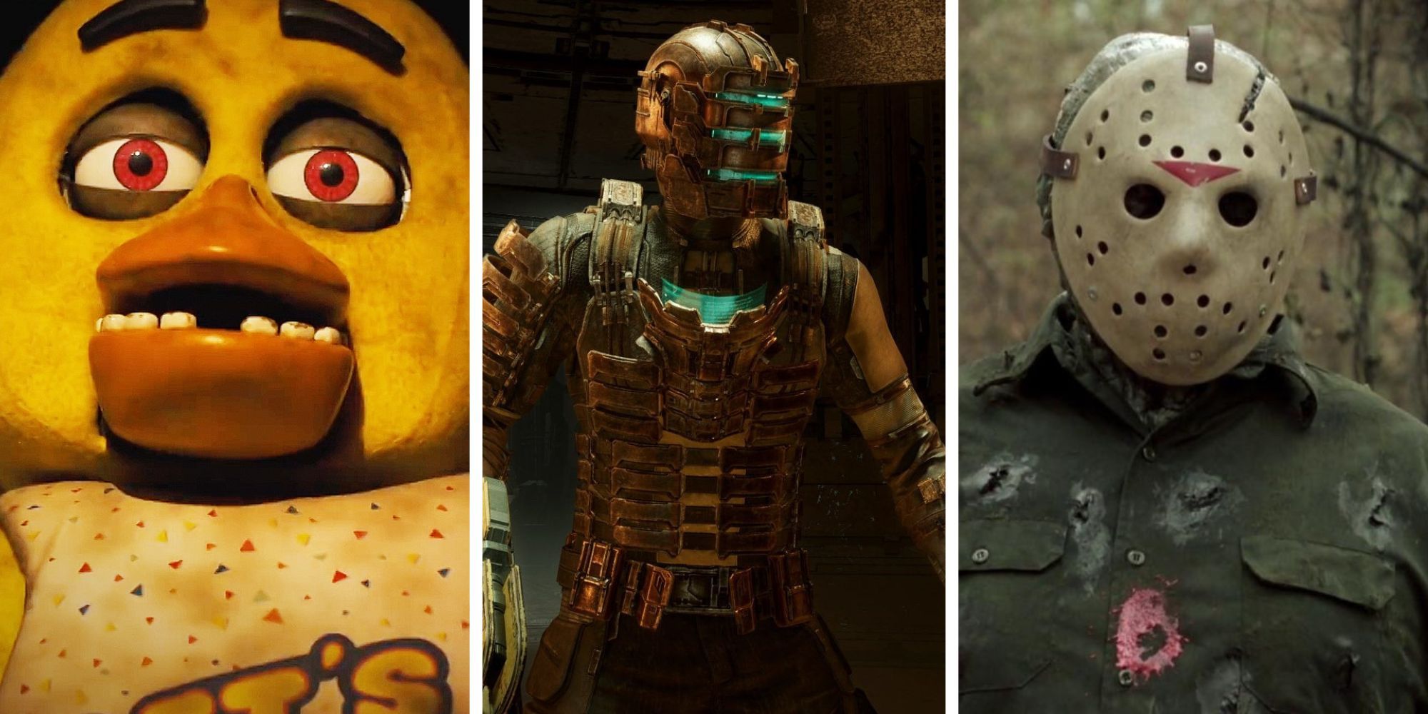 3 diapositives de Chica de FNAF, Isaac de Dead Space et Jason de vendredi 13