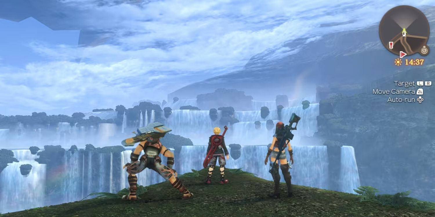  Screenshot of Xenoblade Chronicles Definitive Edition from the Nintendo Store, featuring Shulk, Reyn and Shara standing at a cliff's edge overlooking waterfalls.