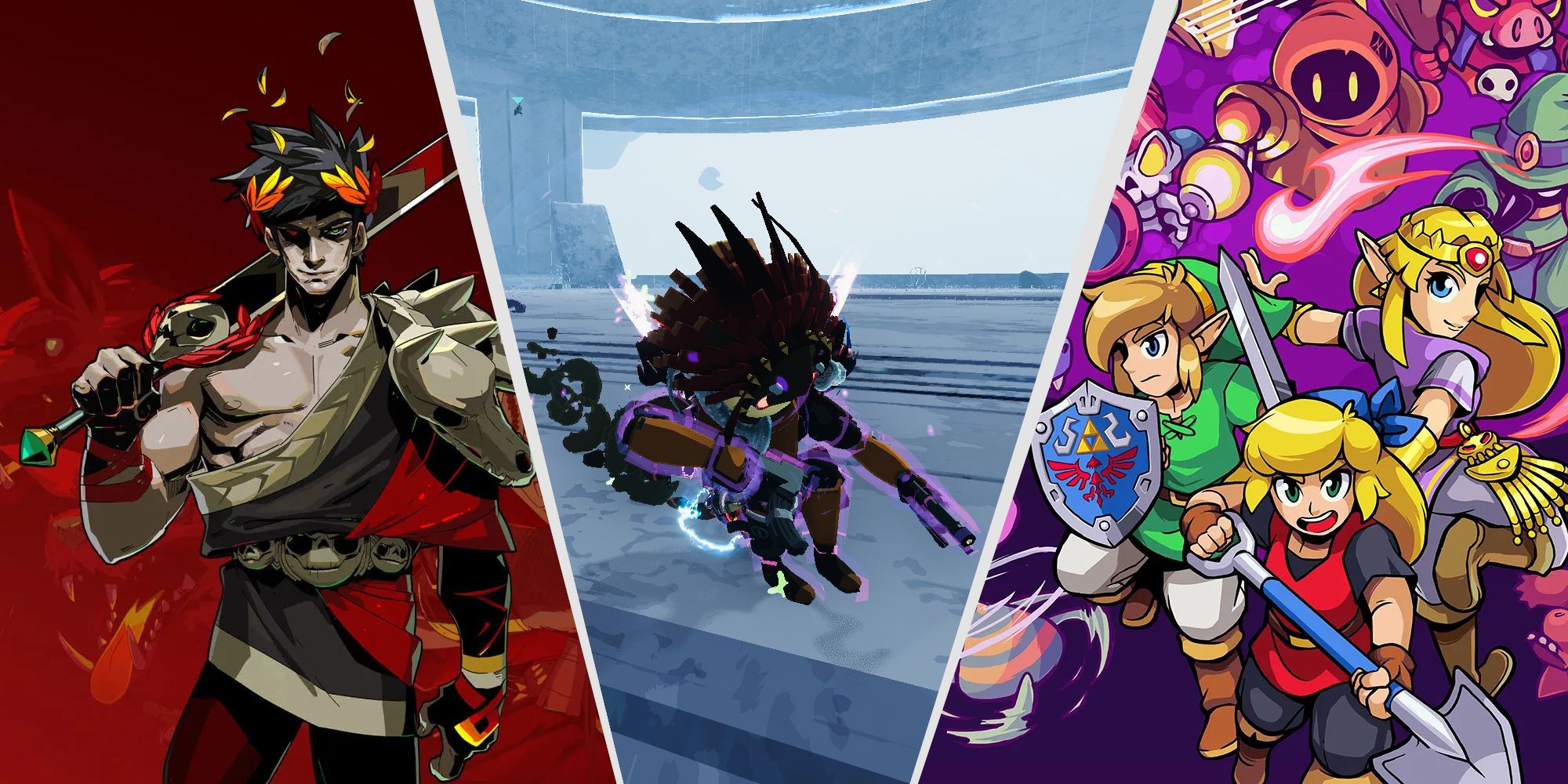 Thumbnail for the Best Roguelikes for Beginners article, featuring Hades, Risk of Rain 2, and Crypt of the Necrodancer: Cadence of Hyrule.