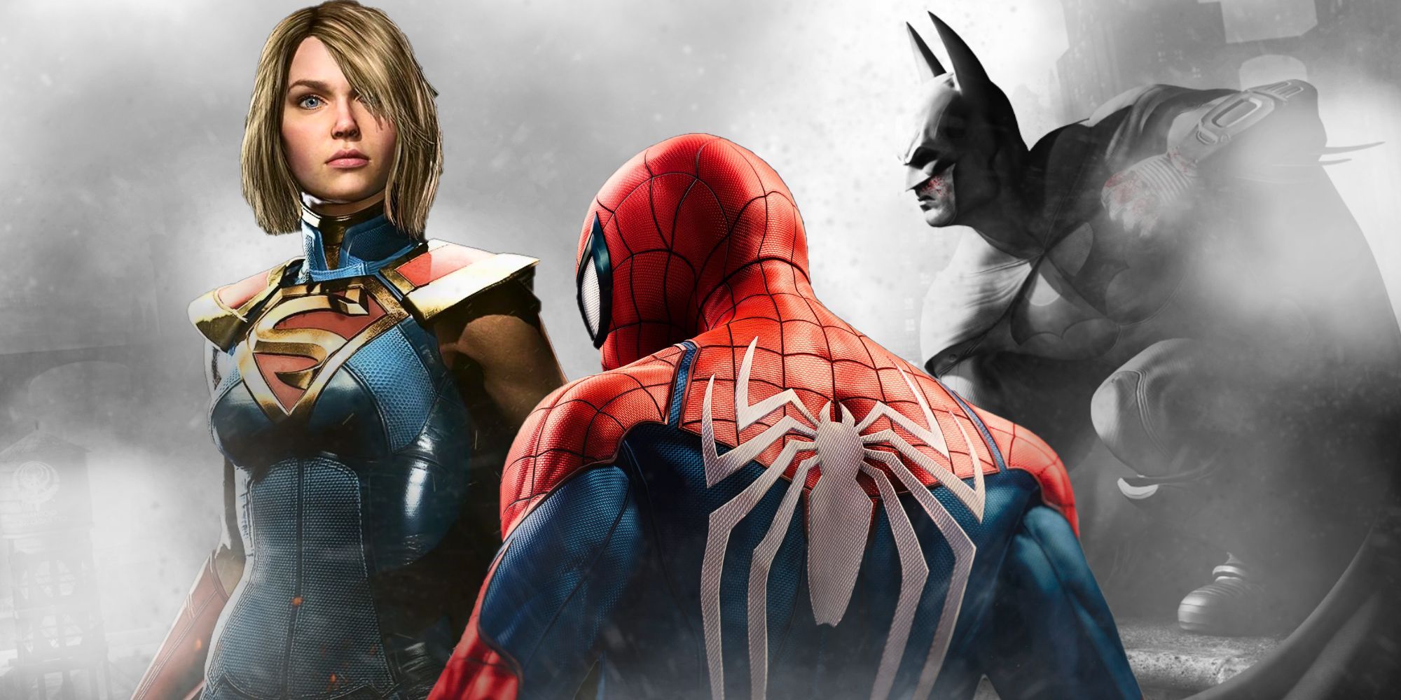 Collage of Spider-Man, Supergirl, and Batman