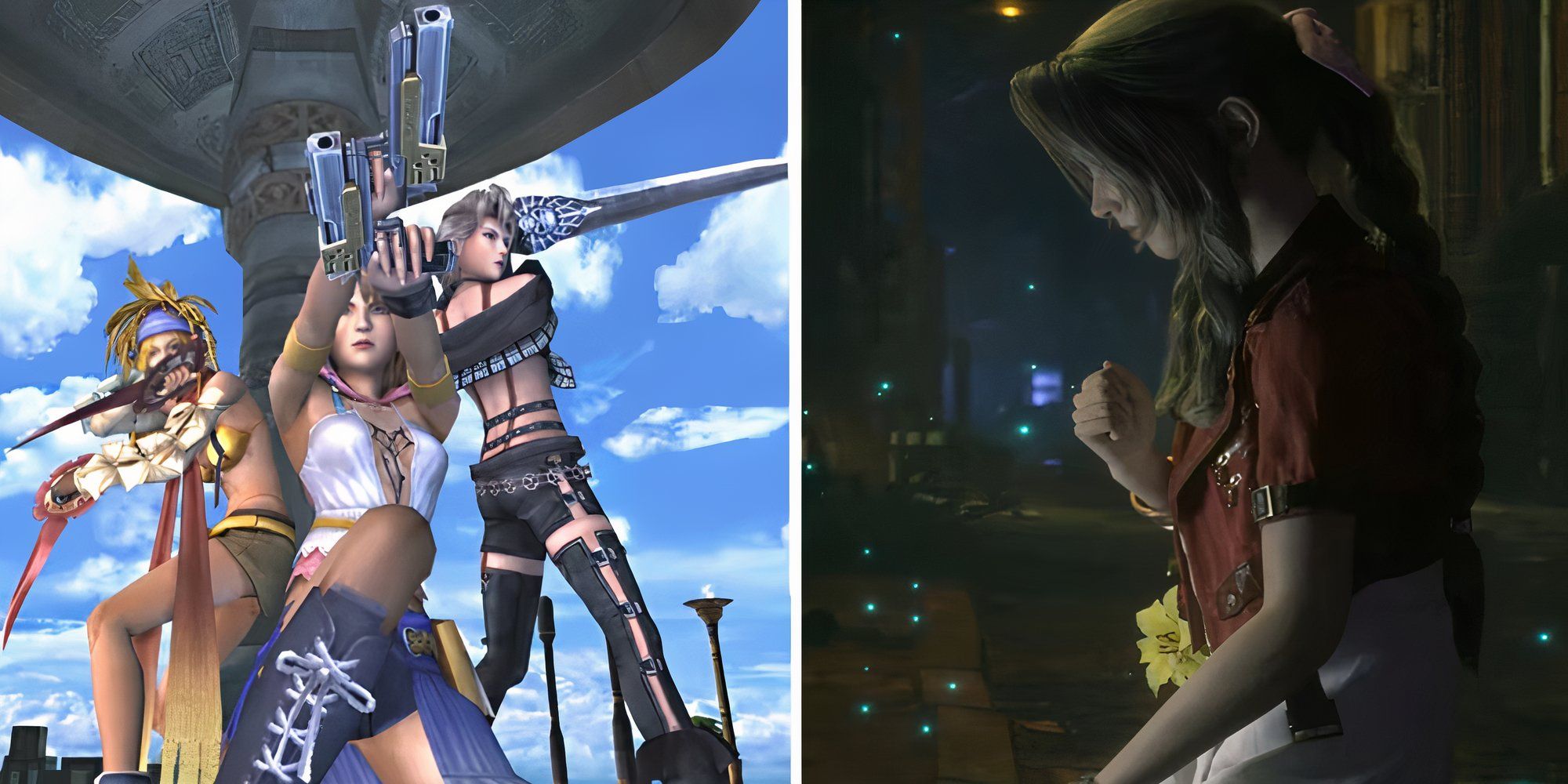 Split image Final Fantasy 10-2 Rikku, Yuna, and Paine pose together, Final Fantasy 7 Remake Aerith stands