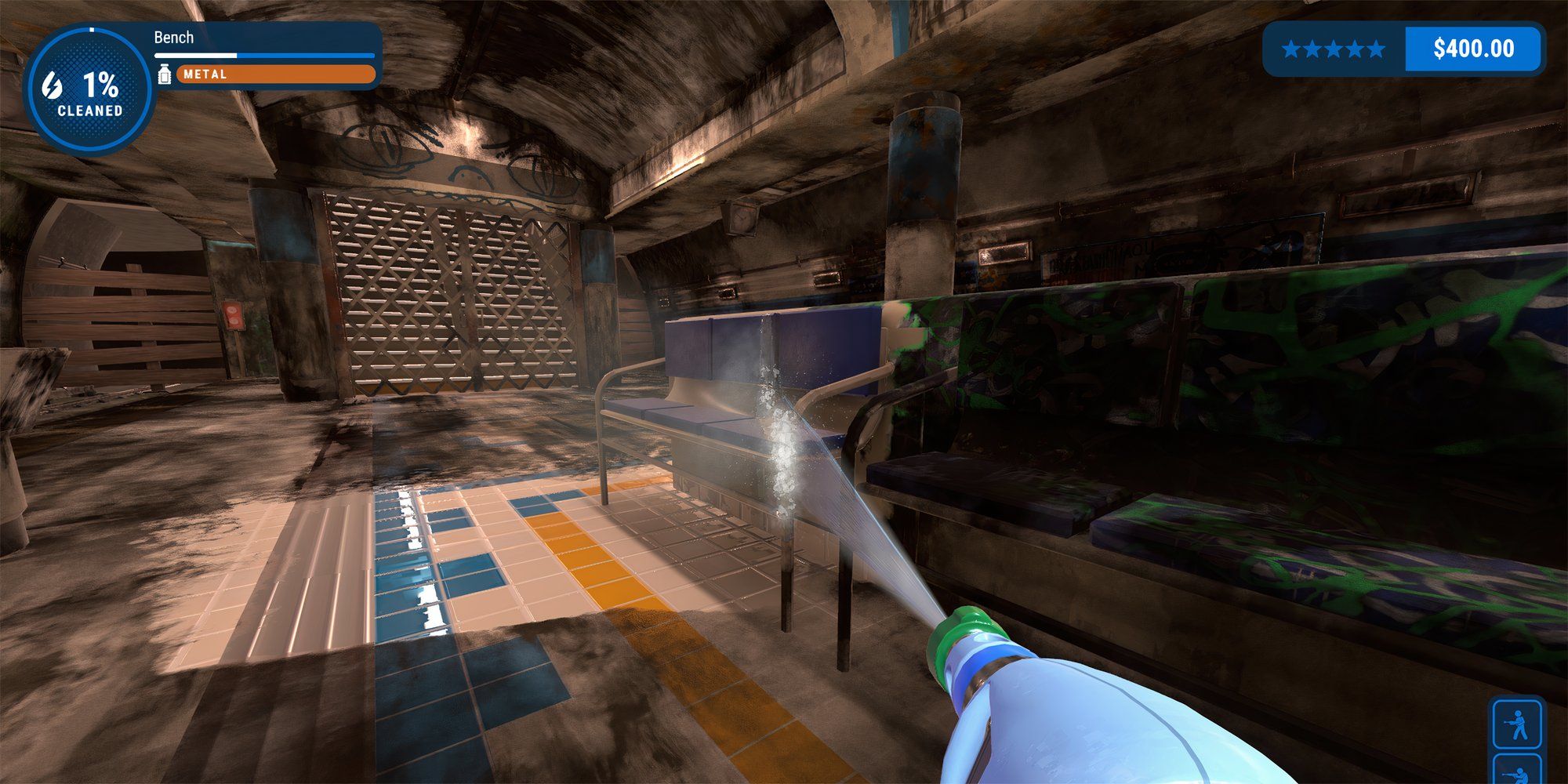 A scene from Power Washing Simulator, washing a dirty bench in a station