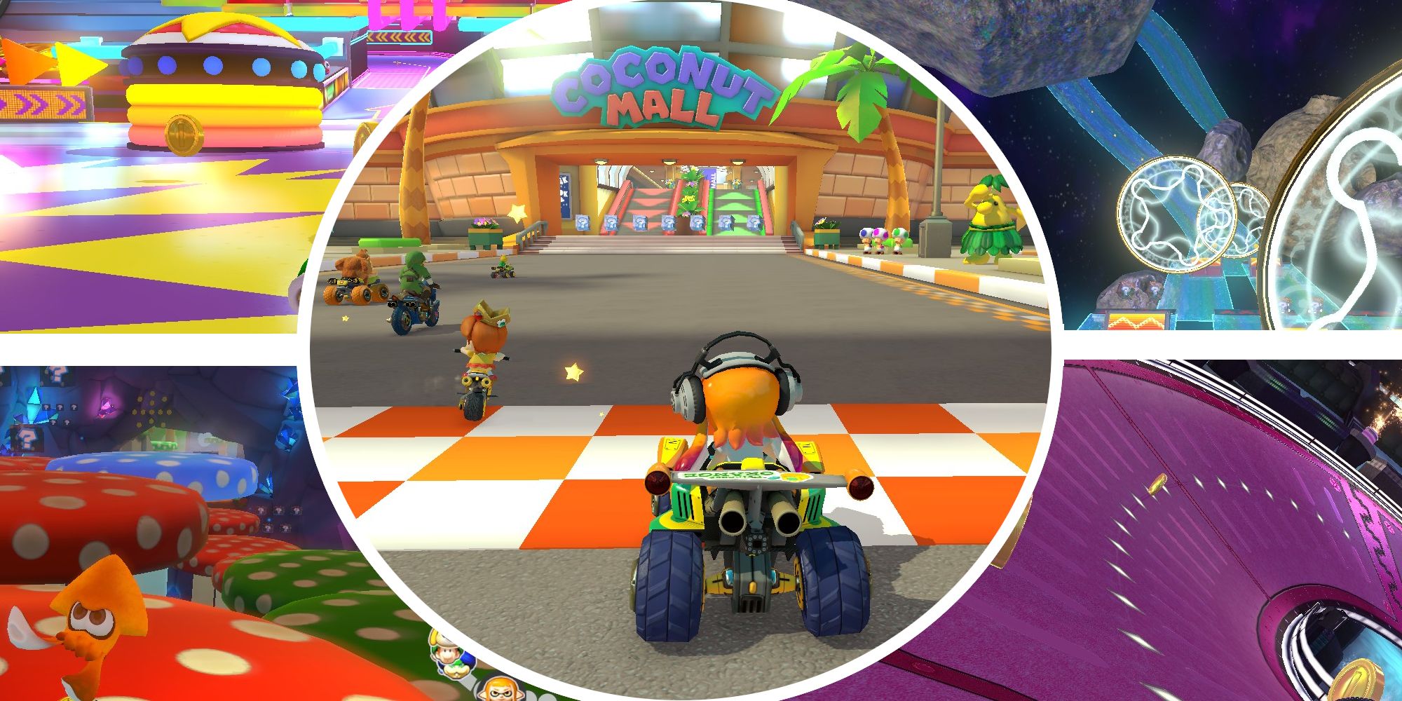 Thumbnail for the Most Iconic Mario Kart Tracks article, featuring Coconut Mall, Waluigi Pinball, Mushroom Gorge, Electrodrome, and Rainbow Road.
