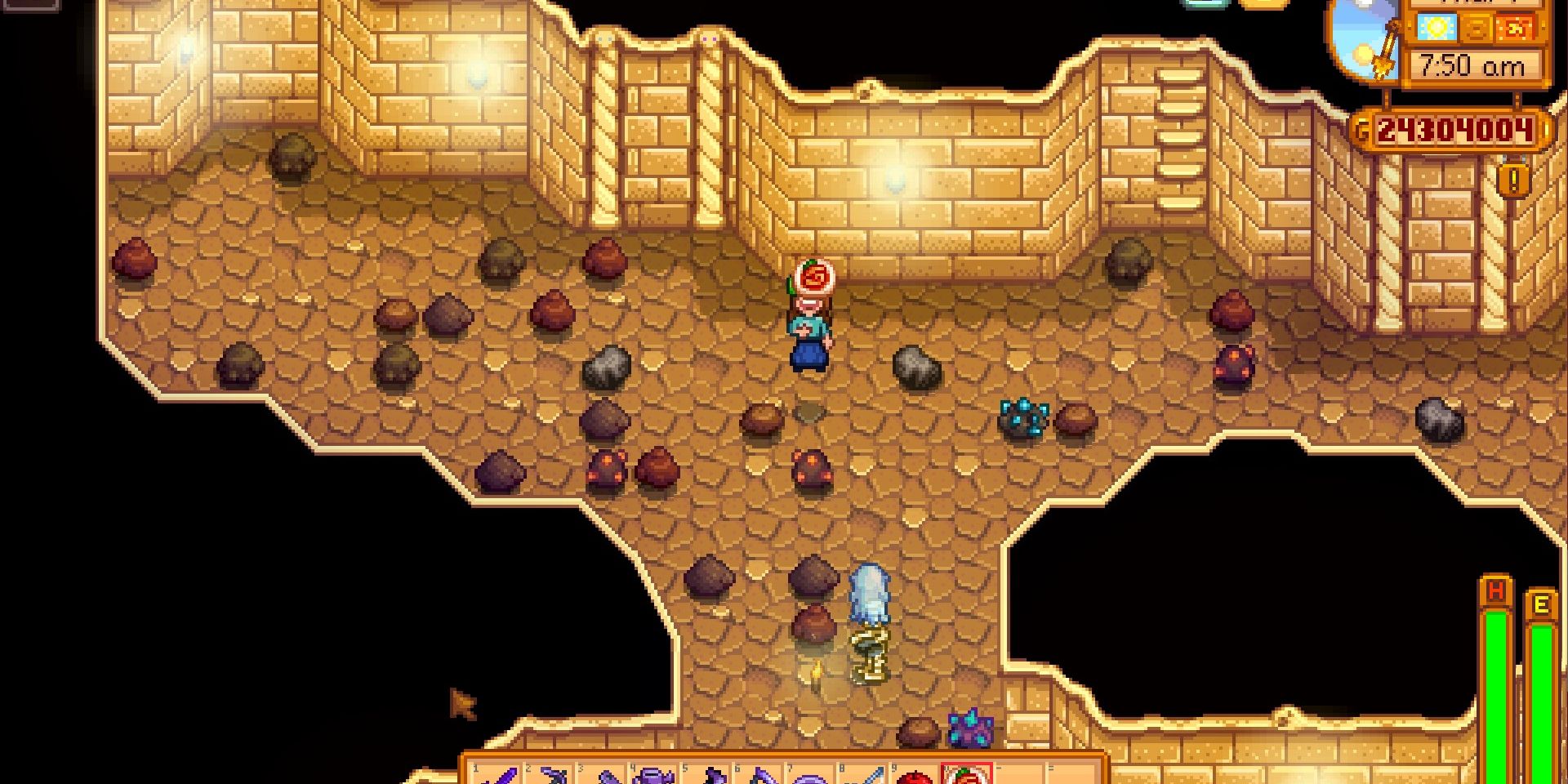 Image of a character eating a Spicy Eel in Stardew Valley.