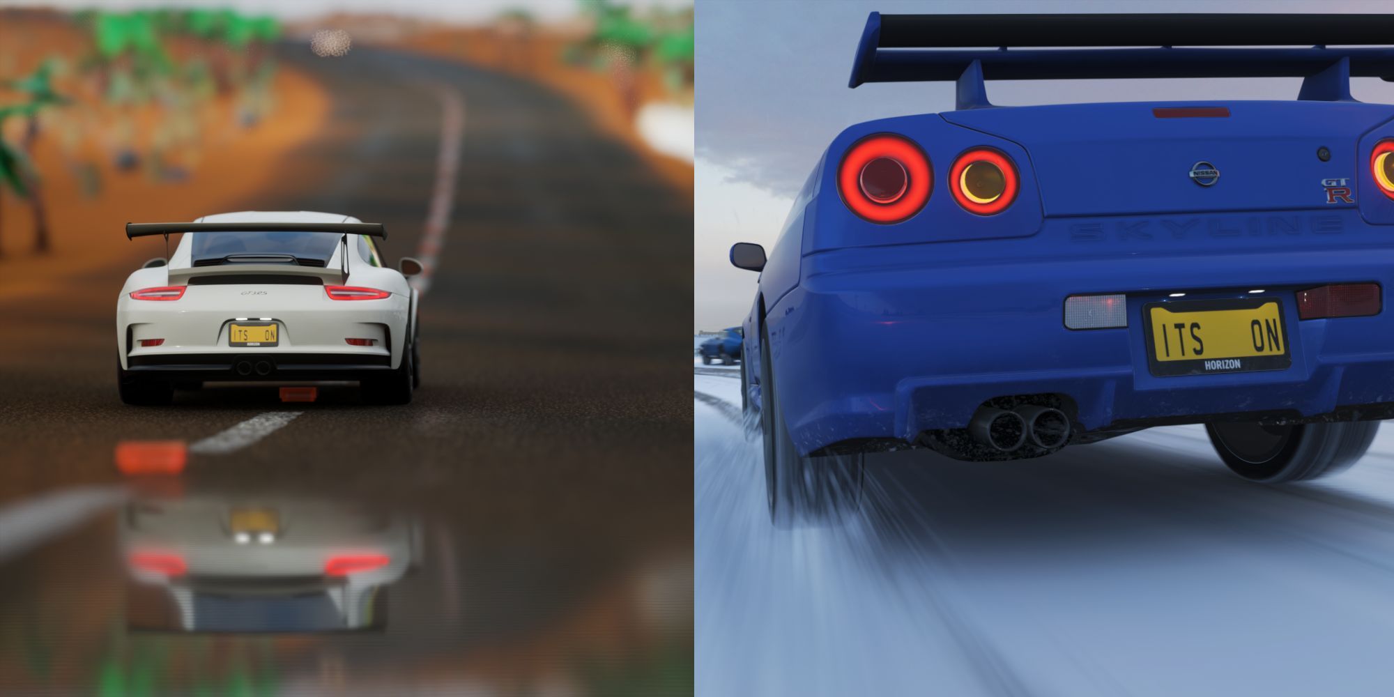 A picture showing a Porsche GT3 RS and Nissan Skyline GTR in Forza Horizon 4 