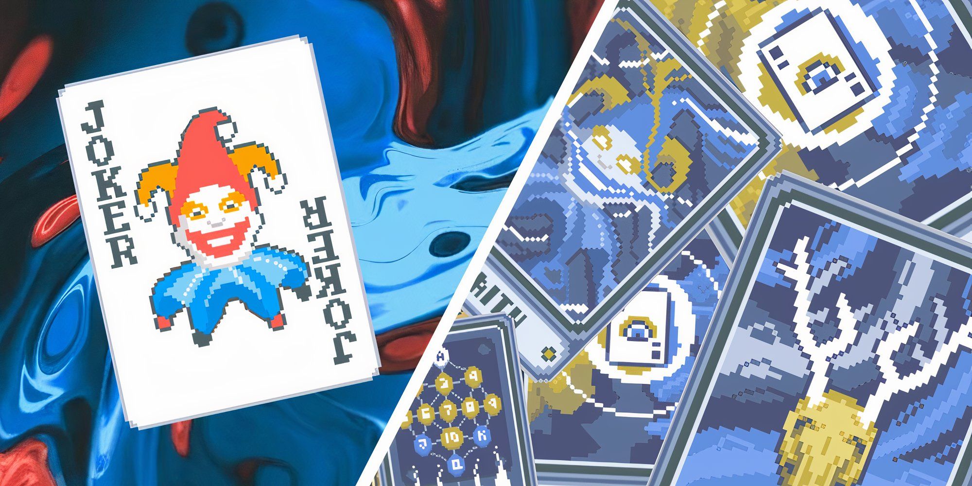 Split image of Balatro Joker and stack of Spectral Cards