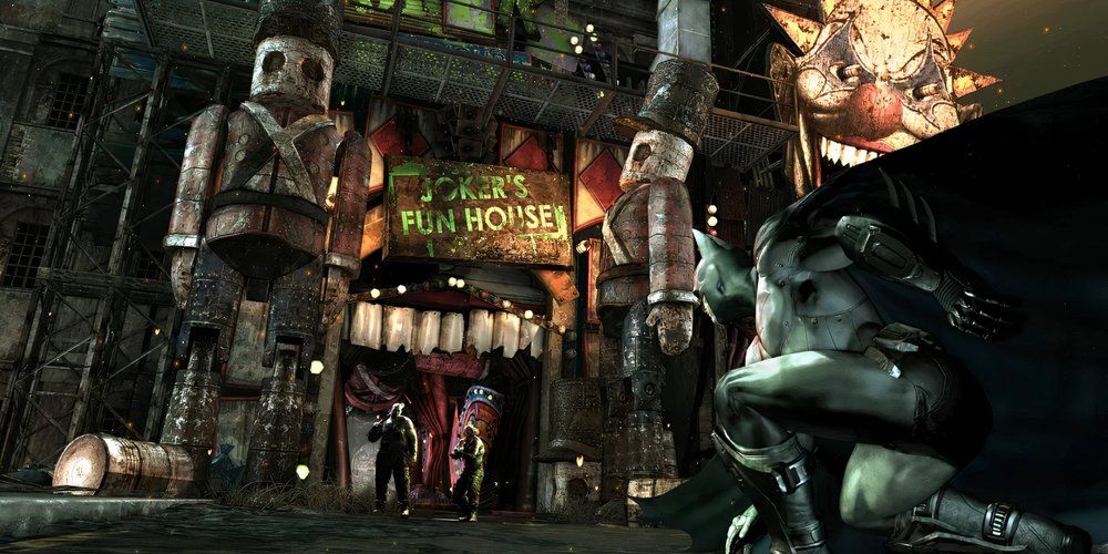 Batman-sneaking-outside-Joker's-Fun-House-Batman-Arkham-City