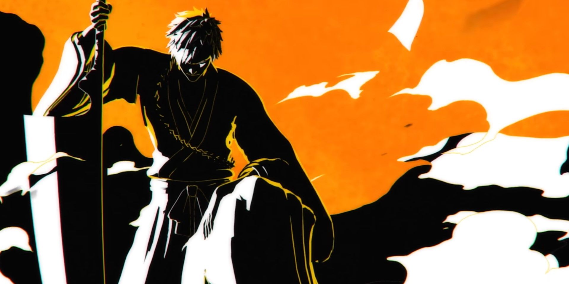 Bleach Rebirth of Souls Ichigo down on his knees with his huge sword in black, white and orange tones