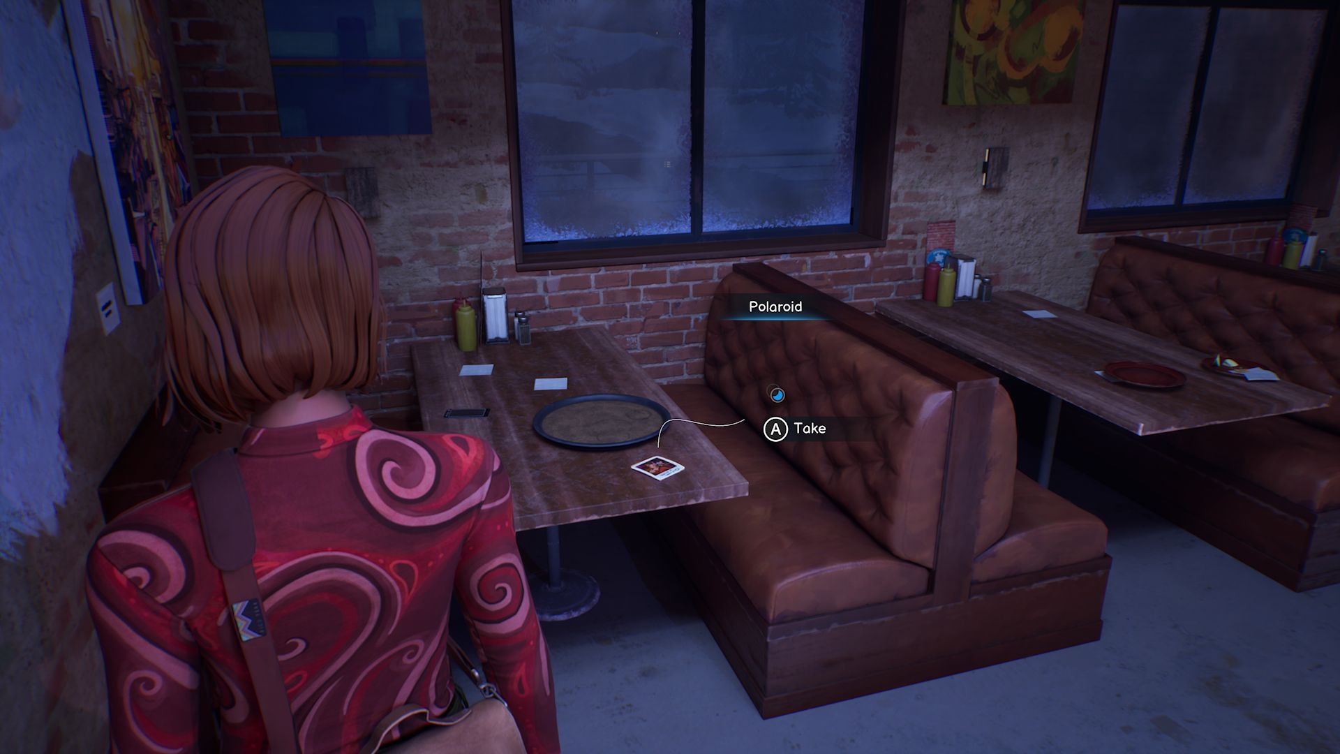 A screenshot with Max standing in front of the second Polaroid in Chapter 4, located on a table in a corner booth, in a bar.