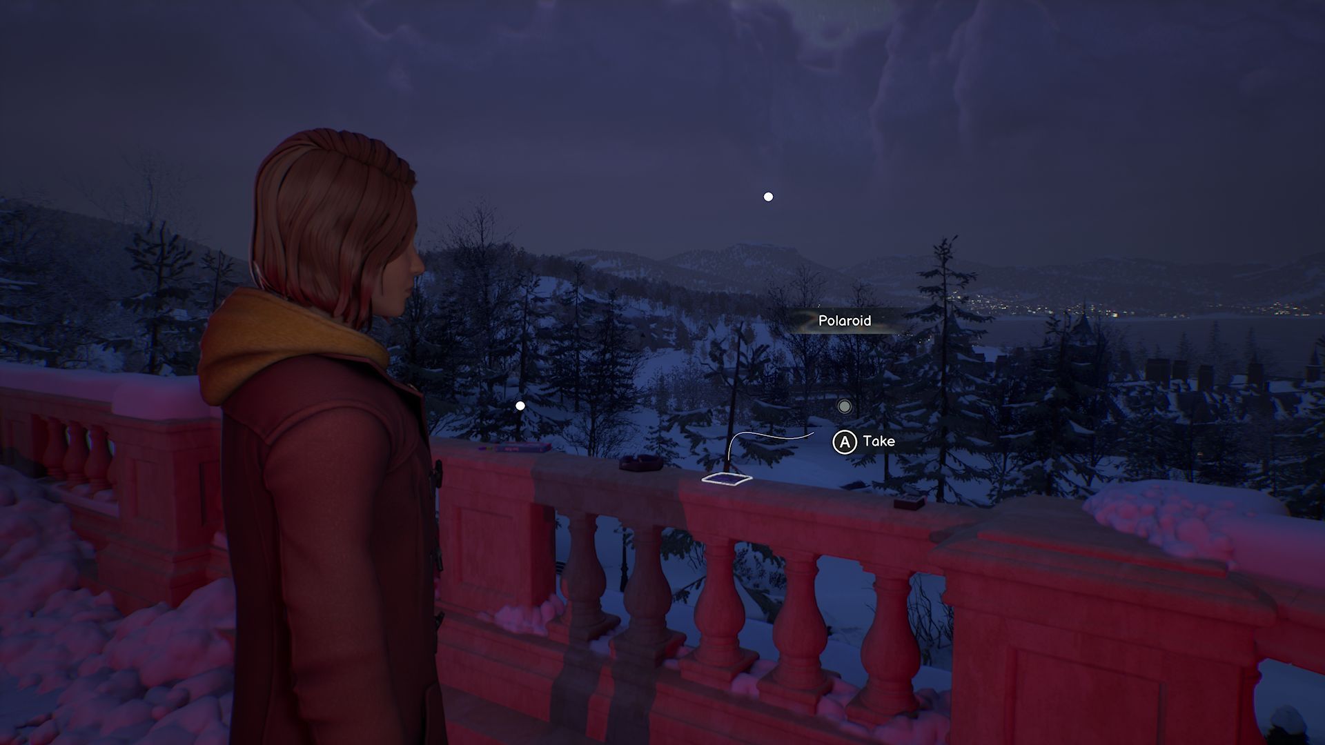 A screenshot with Max standing in front of the first Polaroid in Chapter 5, located on a ledge overlooking a snowy landscape at night.