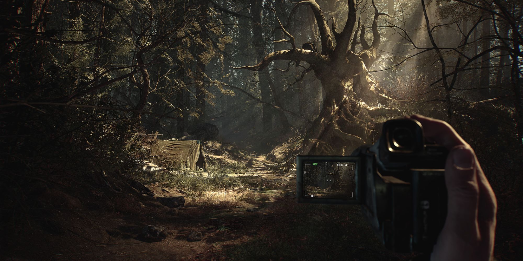 Player holding a camcorder in hand while in a deep forest with a camp in the background in Blair Witch