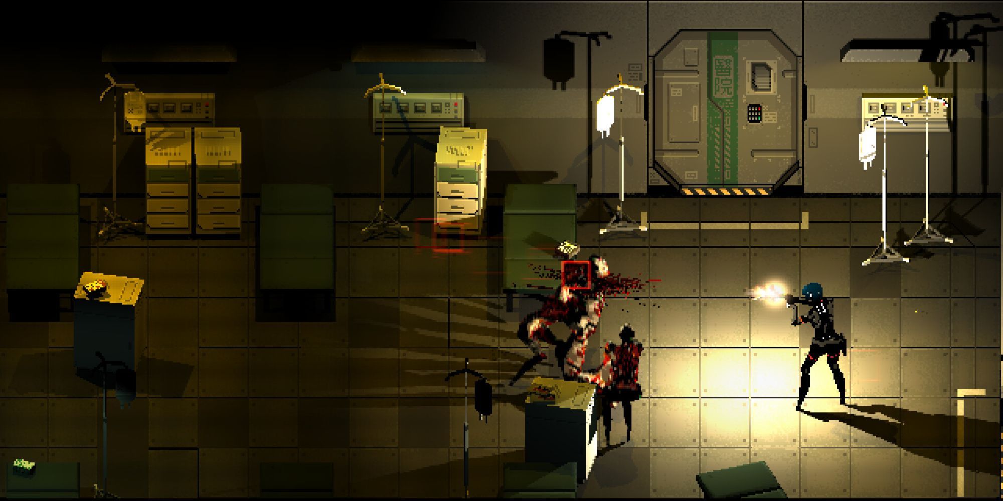 Shooting at enemies in a hospital corridor in Signalis