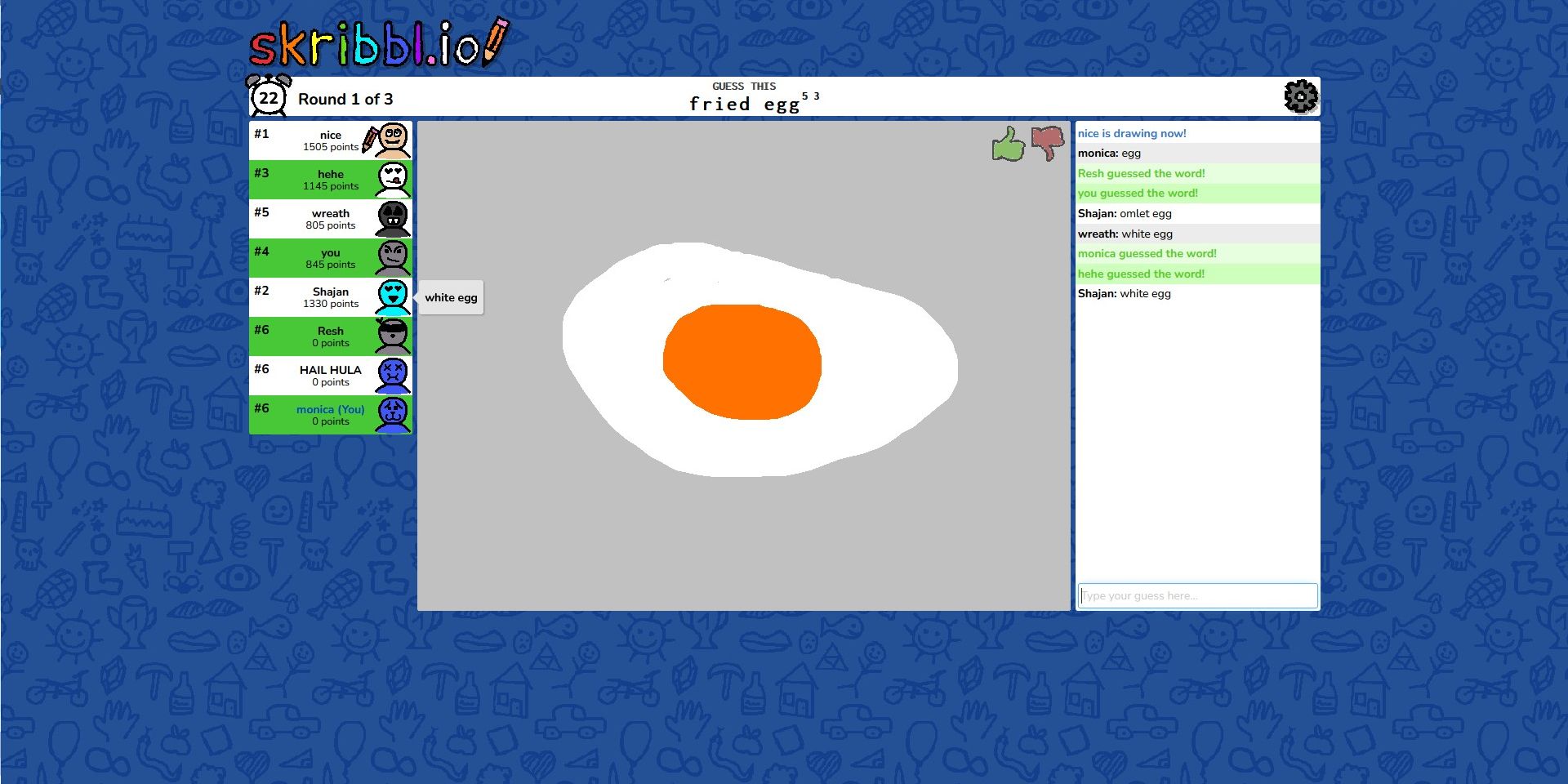 Screenshot of Skribbl.io, with a player having drawn a Fried Egg.