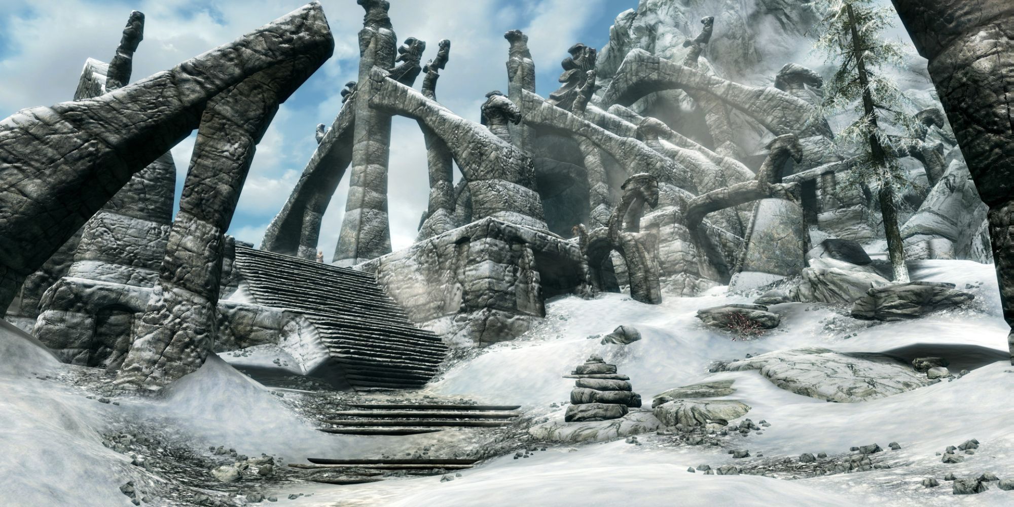 A picture of a temple on the mountains in Skyrim