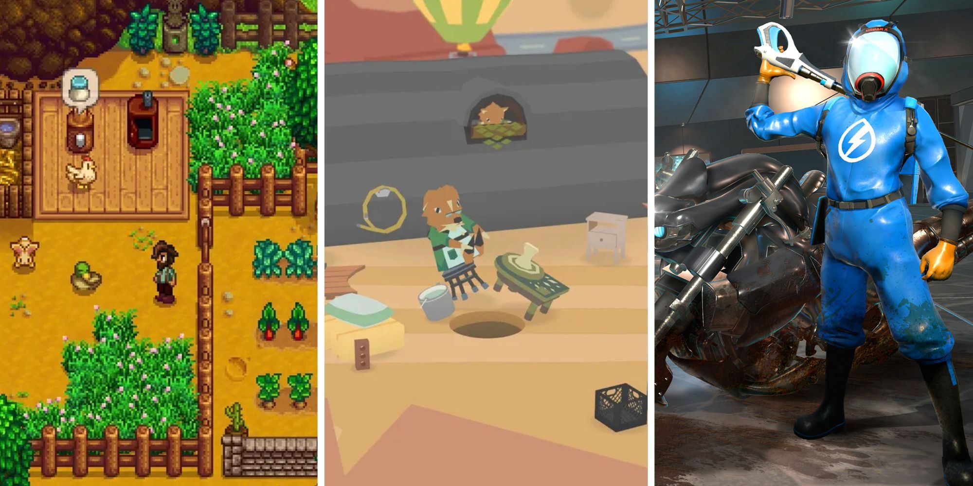 Stardew Valley, Donut County, and Powerwash Simulator thumbnail split image