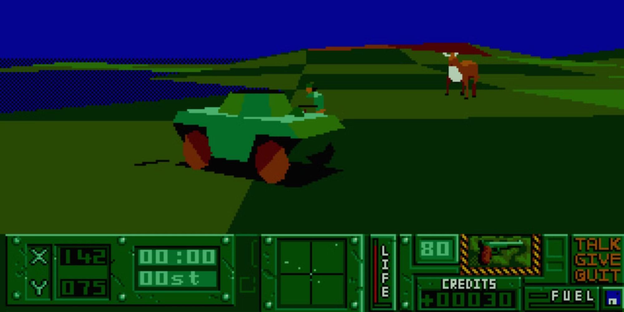 Exploring the open world of Hunter (1991) in a car with a deer in the background