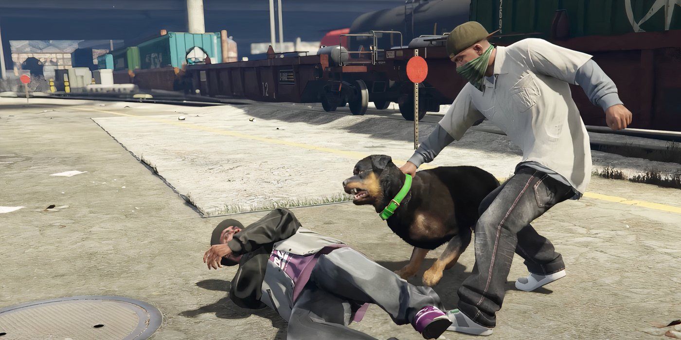 Grand-Theft-Auto-5-Chop-attacking-gang-member-with-Franklin-gripping-collar