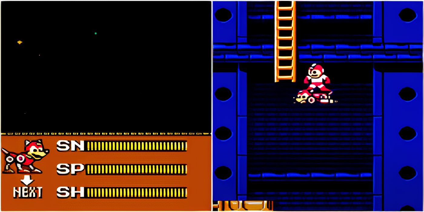 8-bit-Rush-power-screen-and-Mega-Man-riding-hover-mode-Rush-Mega-Man-3-Split-Image