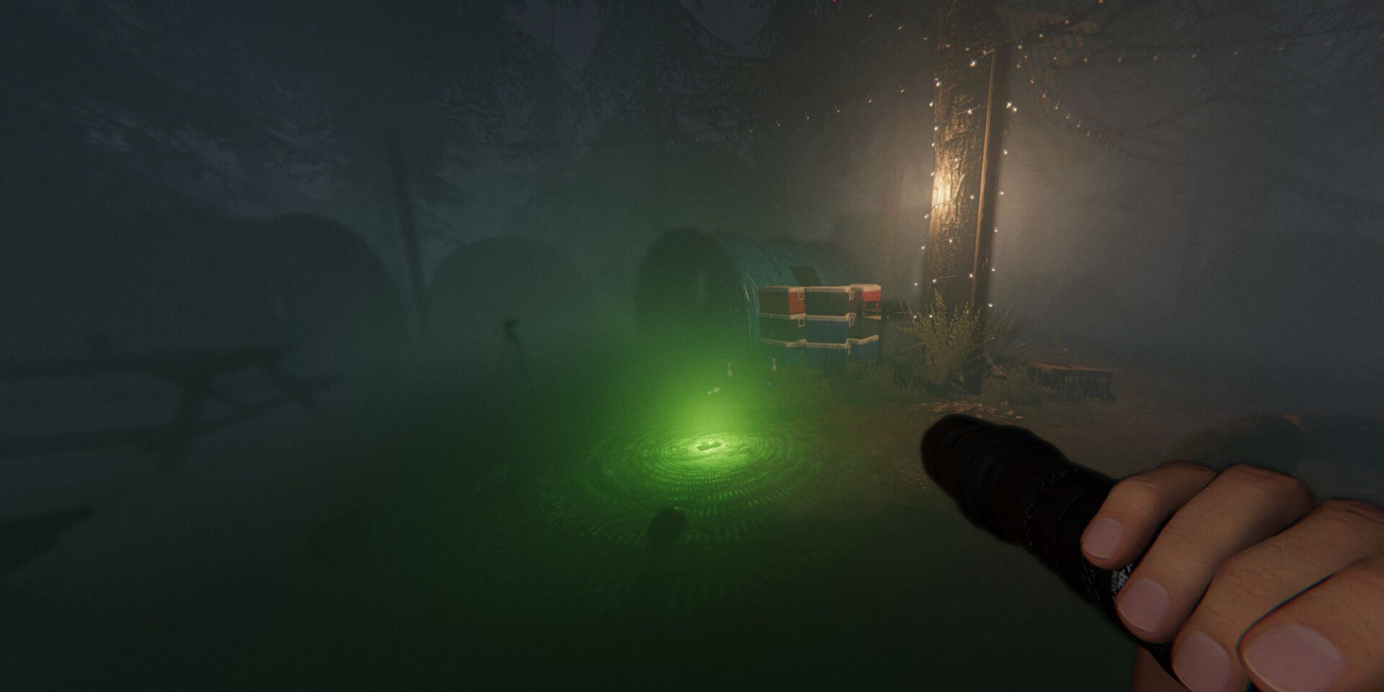 The player pointing a light at something in Phasmophobia
