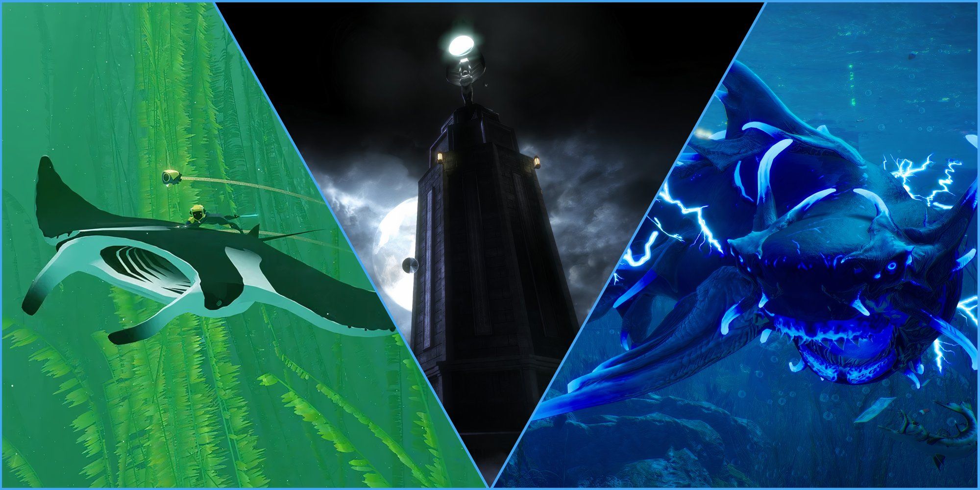 10-Best-Video-Games-Set-Under-the-Sea-ABZÛ-diver-riding-stingray-Bioshock-lighthouse-Maneater-mutated-shark