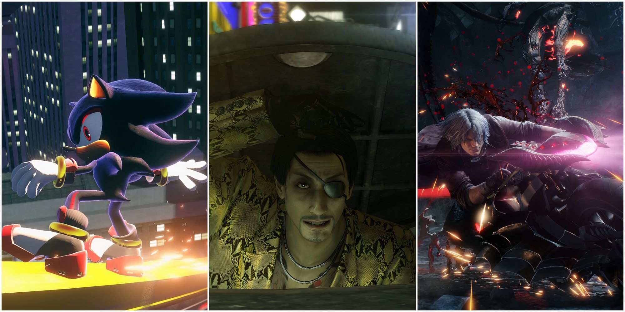 10-Biggest-Rivalries-in-Video-Games-Shadow-the-Hedgehog-grinding-on-rail-Goro-Majima-crawling-out-of-sewer-Dante-riding-on-demon-bike