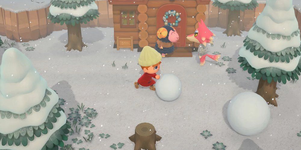 Animal-Crossing-New-Horizons-Player-rolling-ball-of-snow-in-winter-with-villagers-in-background
