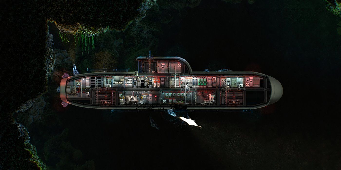 Barotrauma-Submarine-in-dark-depths-gun-firing-at-something-off-screen