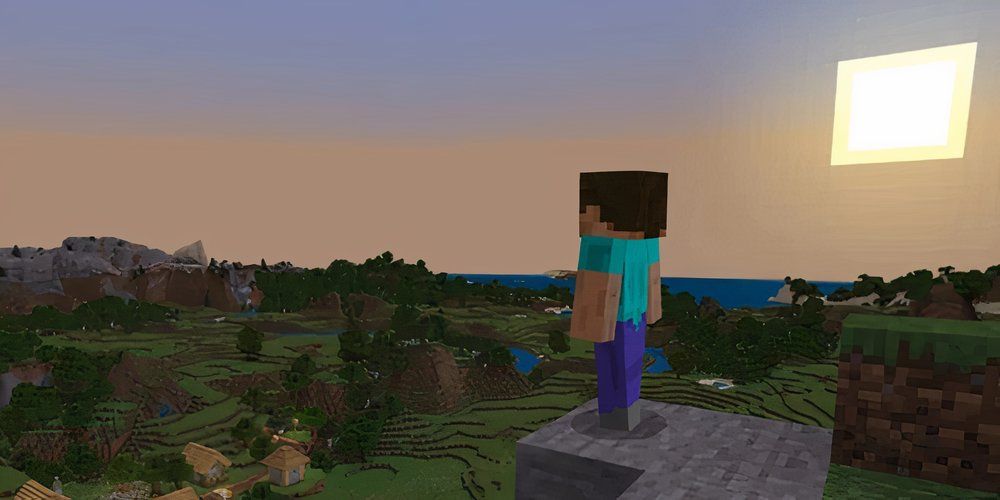 Minecraft-Steve-looking-at-land-with-square-sun-overhead
