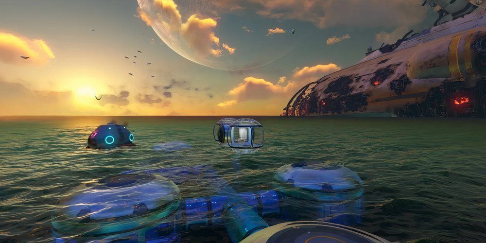 Subnautica-Player-POV-of-base-below-ocean-and-above-waves-with-destroyed-Aurora-in-background