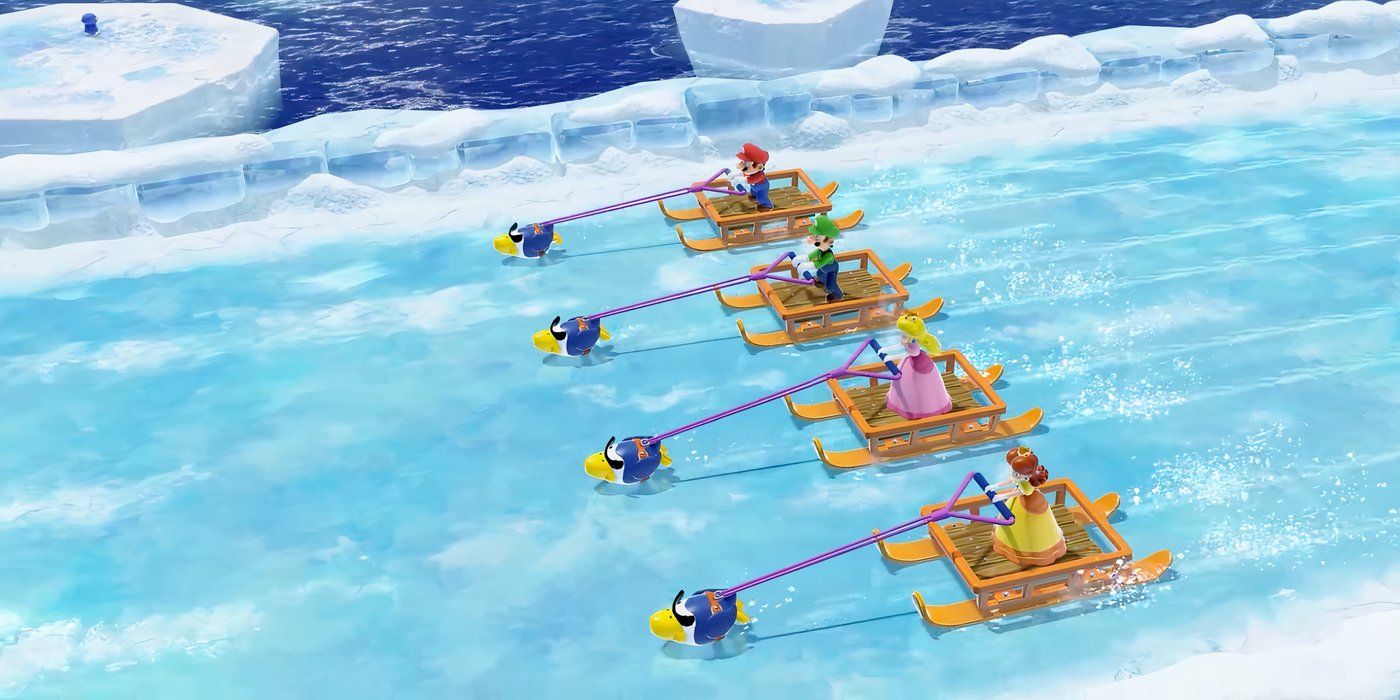 Super-Mario-Party-Jamboree-Mario-Luigi-Peach-Daisy-playing-Sled-to-the-Edge