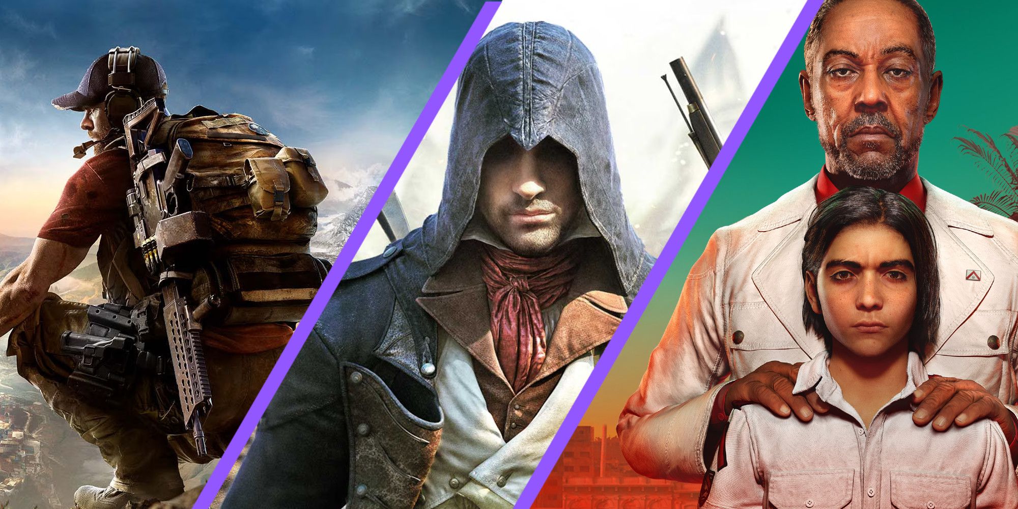 A montage with the key arts for three Ubisoft titles: Tom Clancy's Ghost Recon Wildlands, Assassin's Creed Unity, and Far Cry 6