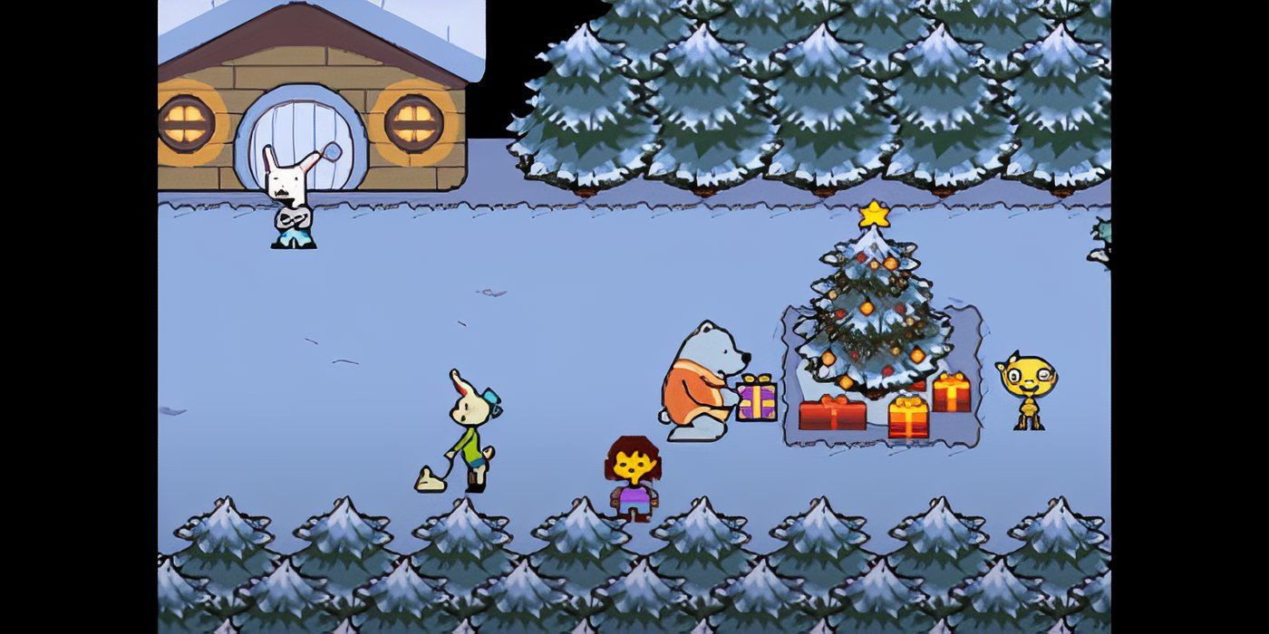 Undertale-Player-in-Snowdin-with-Monster-Kid-and-villagers