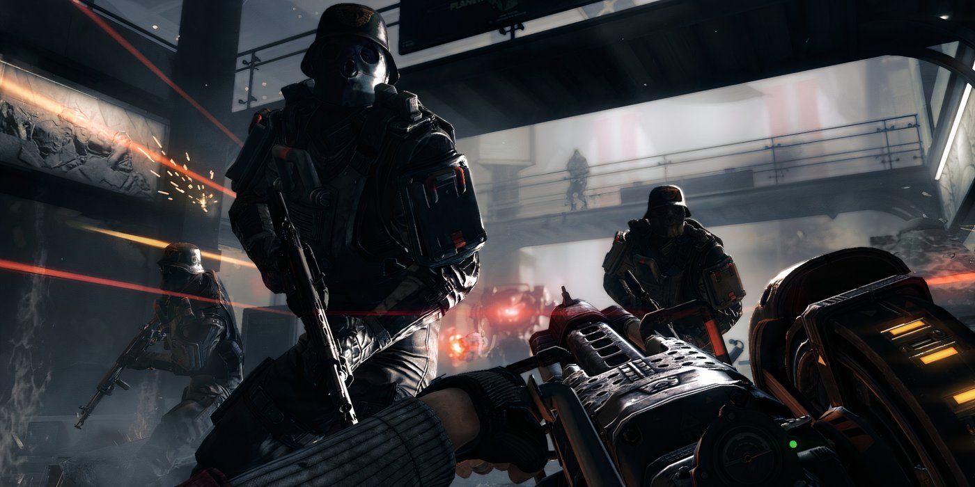 Wolfenstein-The-New-Order-Blazkowicz-fighting-Nazis-with-Heavy-Robot-in-background