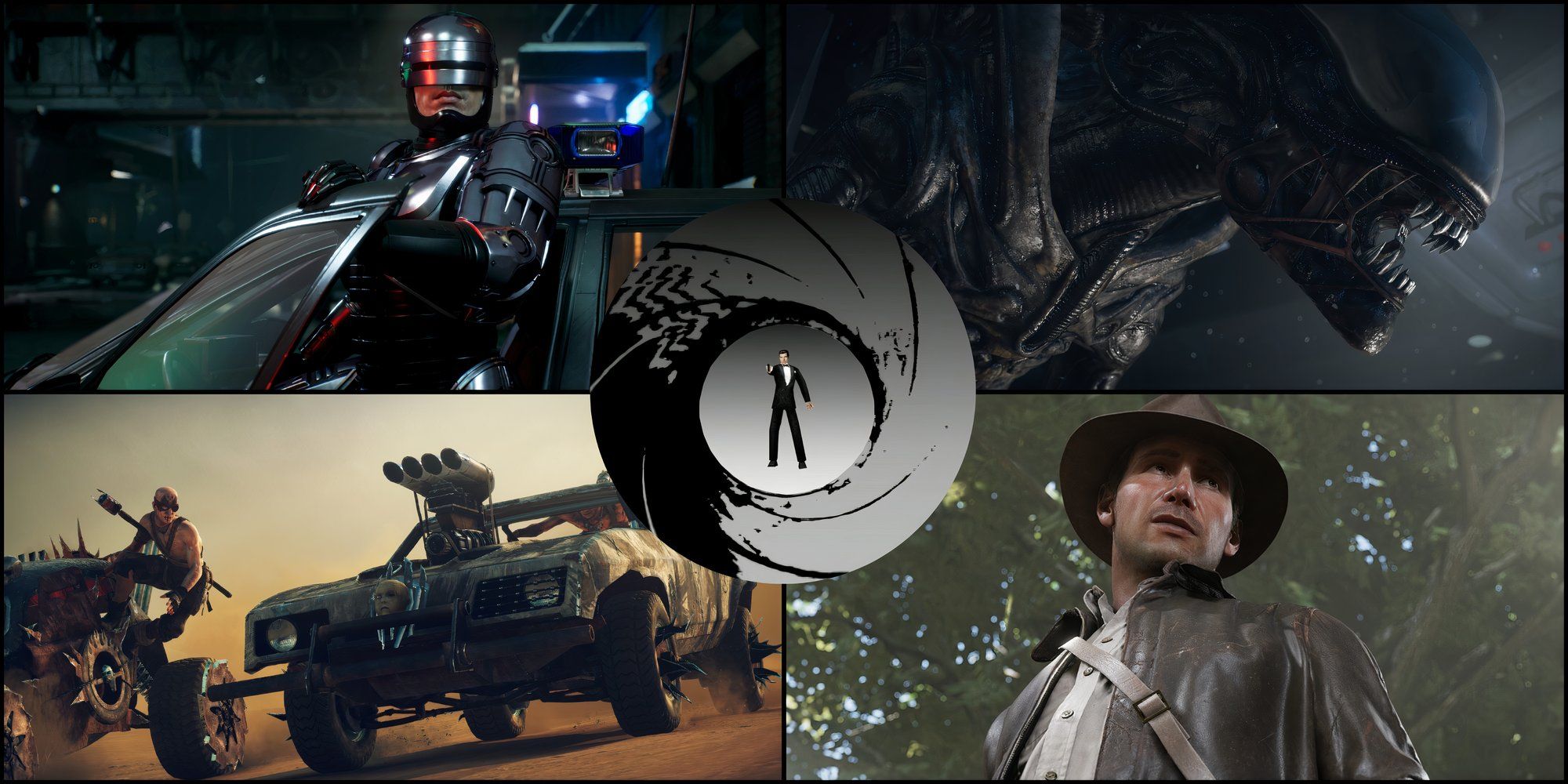 10-Best-Movie-Licensed-Video-Games-RoboCop-exiting-car-RoboCop-Rogue-City-Mad-Max-vehicle-Xenomorph-Alien-Isolation-Indiana-Jones-and-the-Great-Circle-Indiana-Jones-James-Bond-intro-GoldenEye-007